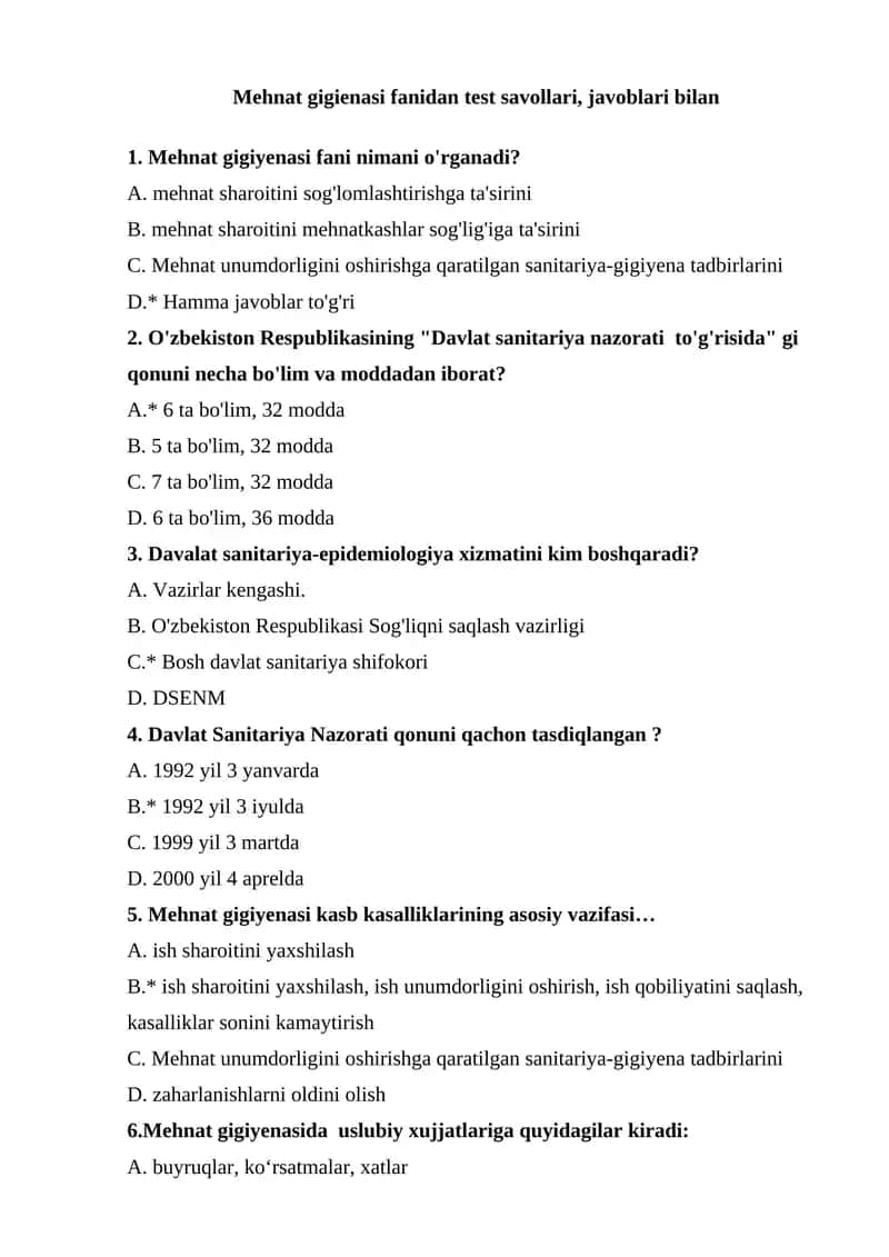 Mehnat gigienasi fanidan test savollari, javoblari bilan 1