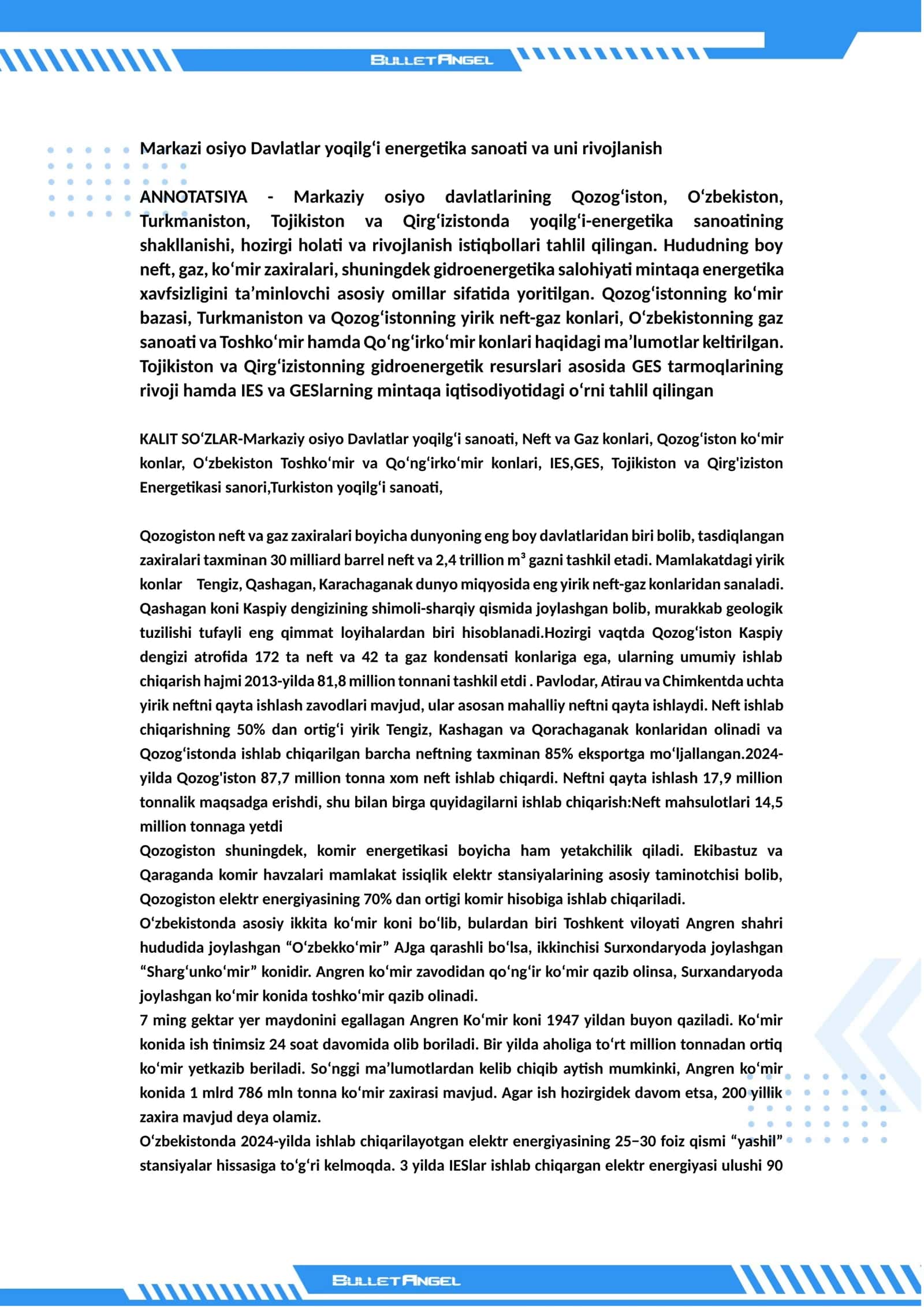 Markazi osiyo Davlatlar yoqilgʻi energetika sanoati va uni rivojlanish 1