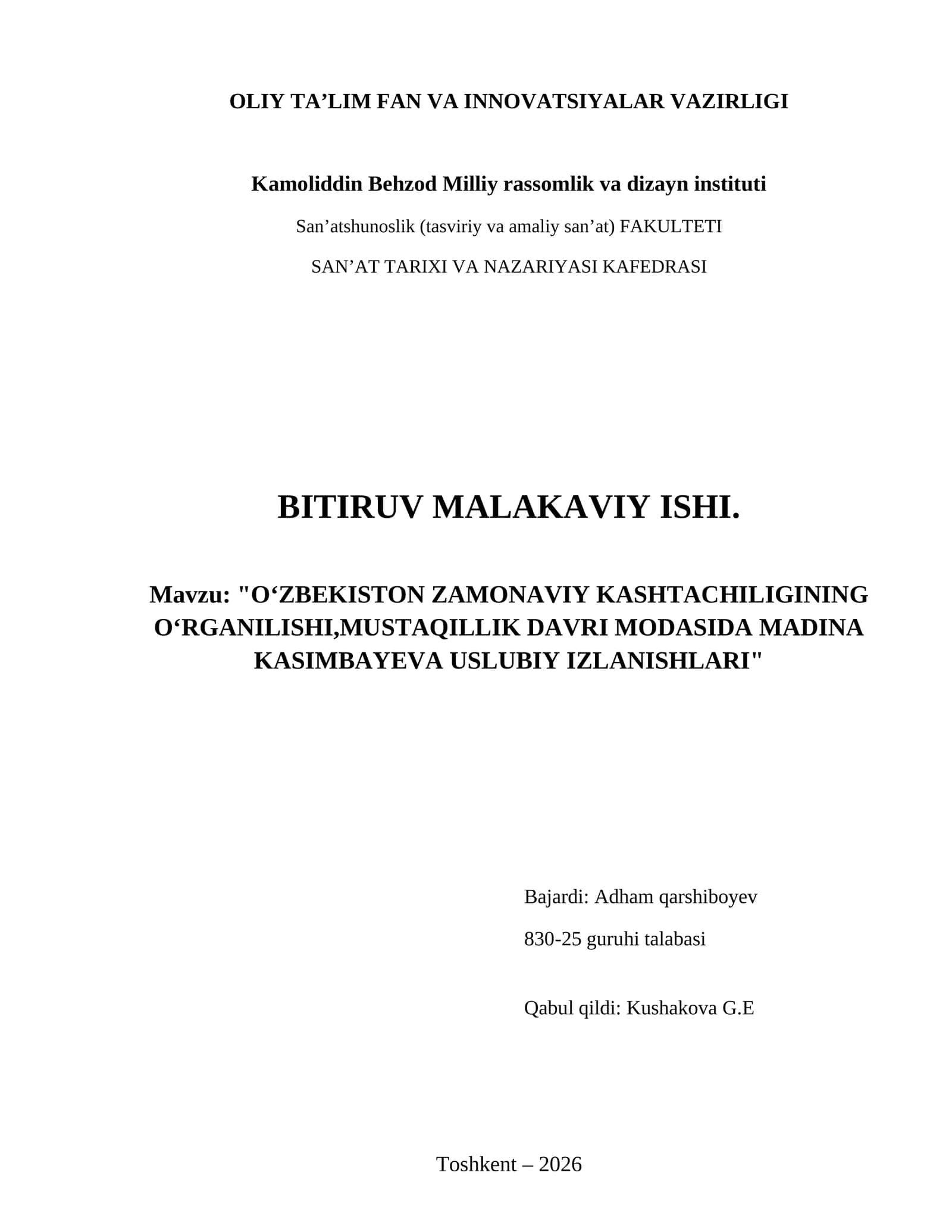 O‘ZBEKISTON ZAMONAVIY KASHTACHILIGINING O‘RGANILISHI,MUSTAQILLIK DAVRI MODASIDA MADINA KASIMBAYEVA USLUBIY IZLANISHLARI 1