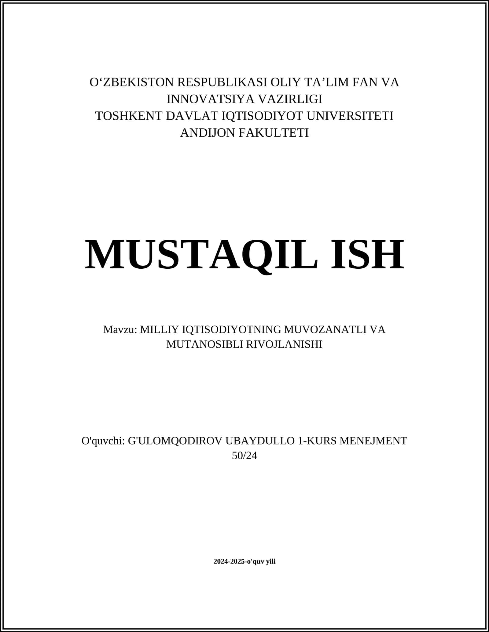 MILLIY IQTISODIYOTNING MUVOZANATLI VA MUTANOSIBLI RIVOJLANISHI 1