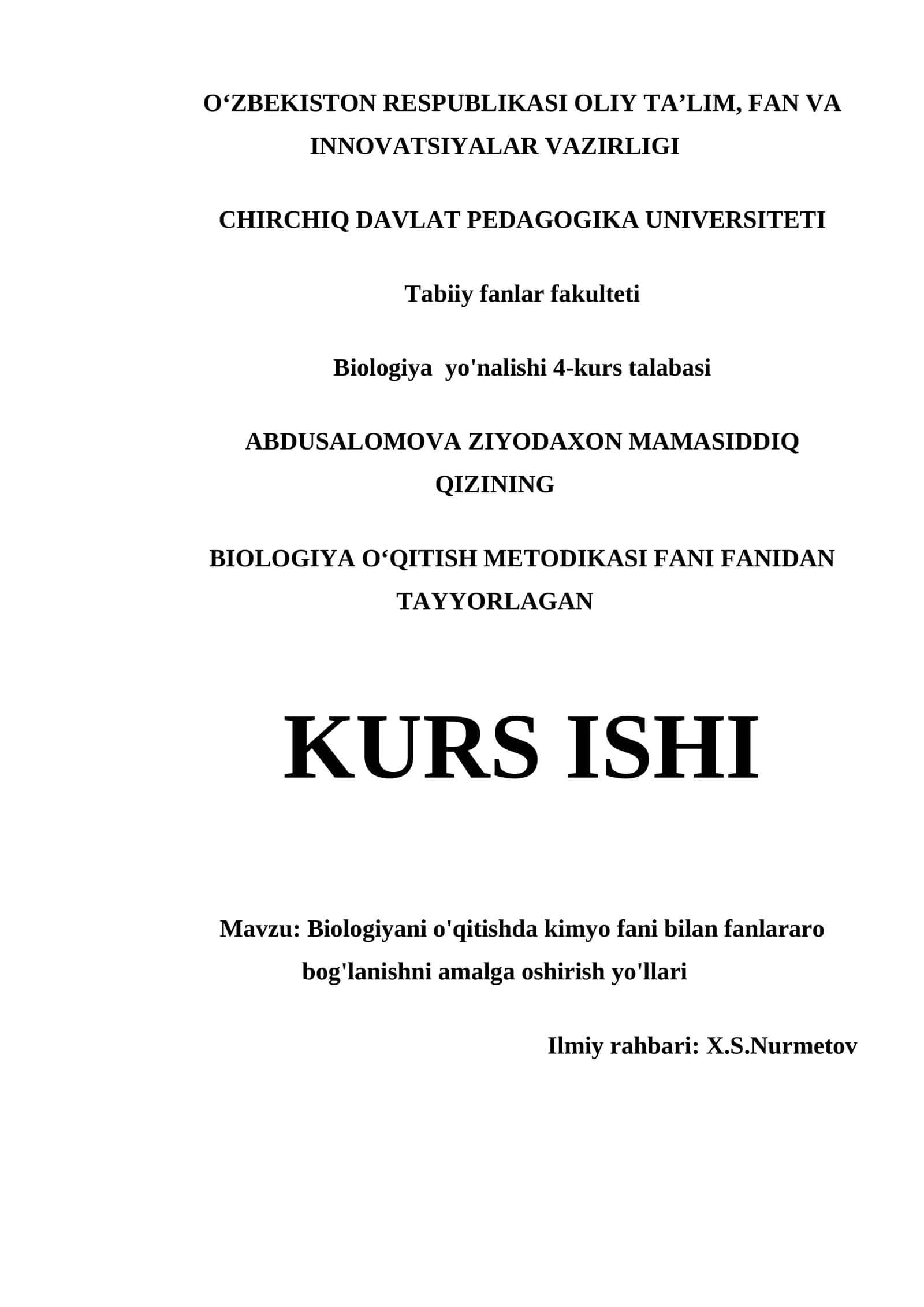 BIOLOGIYANI O'QITISHDA KIMYO FANI BILAN FANLARARO BOG'LANISHNI AMALGA OSHIRISH YO'LLARI 1