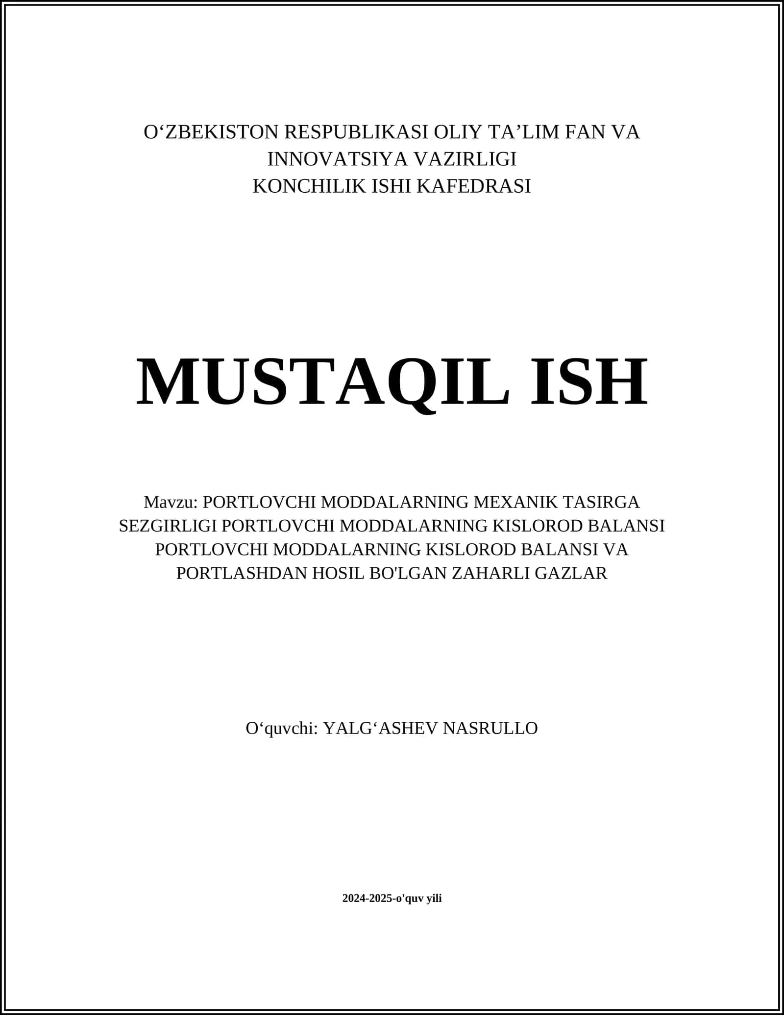 PORTLOVCHI MODDALARNING MEXANIK TASIRGA SEZGIRLIGI PORTLOVCHI MODDALARNING KISLOROD BALANSI PORTLOVCHI MODDALARNING KISLOROD BALANSI VA PORTLASHDAN HOSIL BO'LGAN ZAHARLI GAZLAR 1