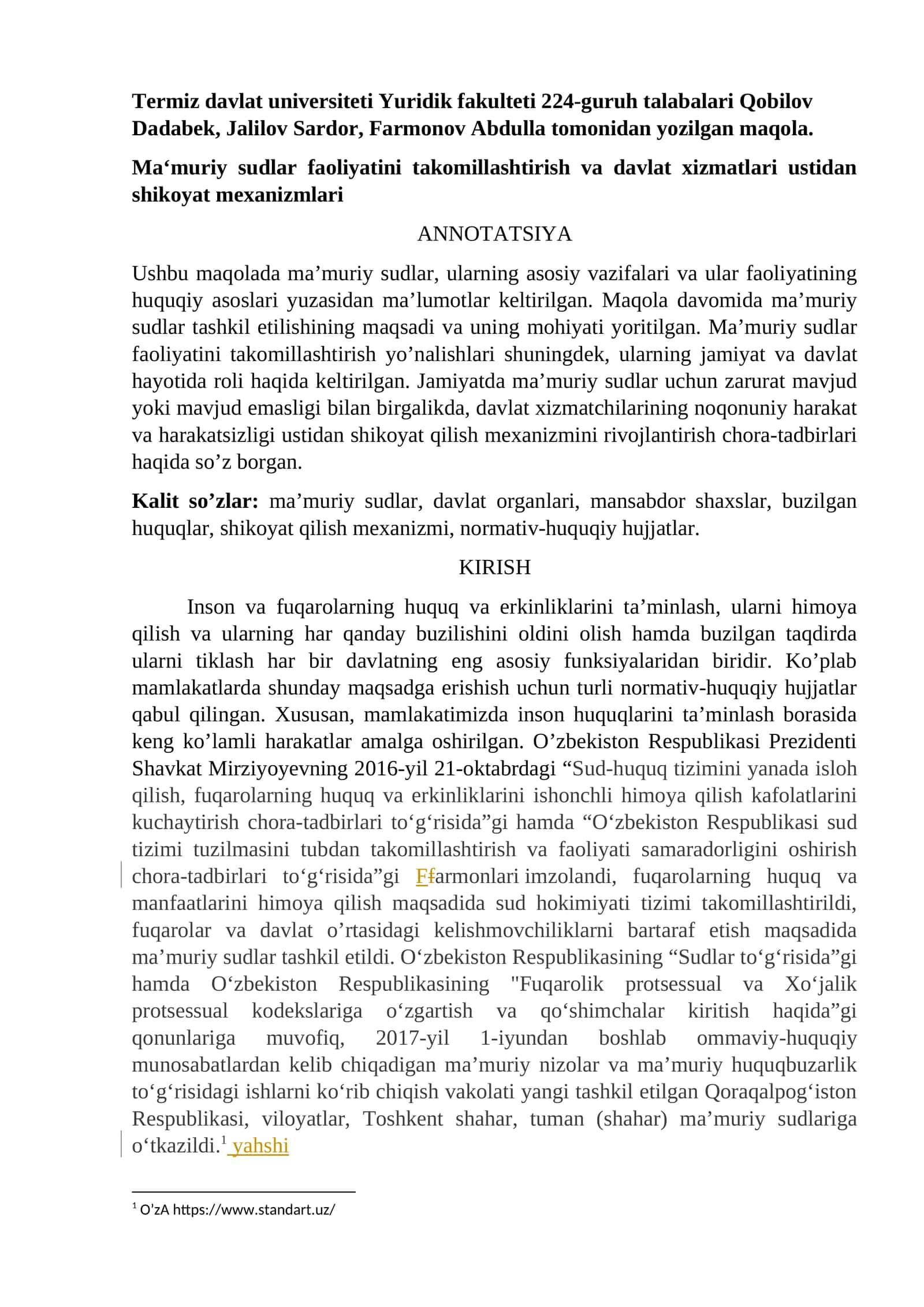 Ma'muriy sudlar faoliyatini takomillashtirish va davlat xizmatlari ustidan shikoyat mexanizmlari 1