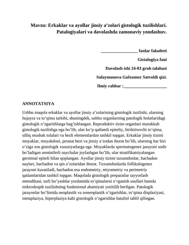Erkaklar va ayollar jinsiy a’zolari gistologik tuzilishlari. Patalogiyalari va davolashda zamonaviy yondashuv. 1