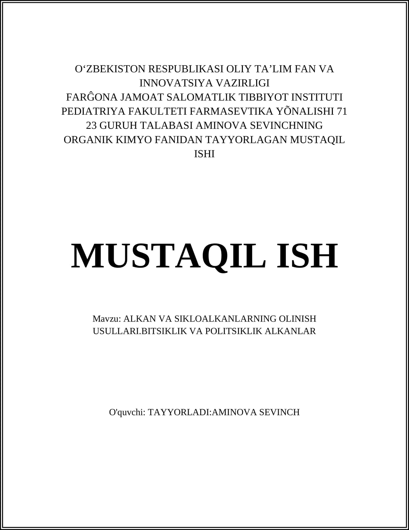 ALKAN VA SIKLOALKANLARNING OLINISH USULLARI.BITSIKLIK VA POLITSIKLIK ALKANLAR 1