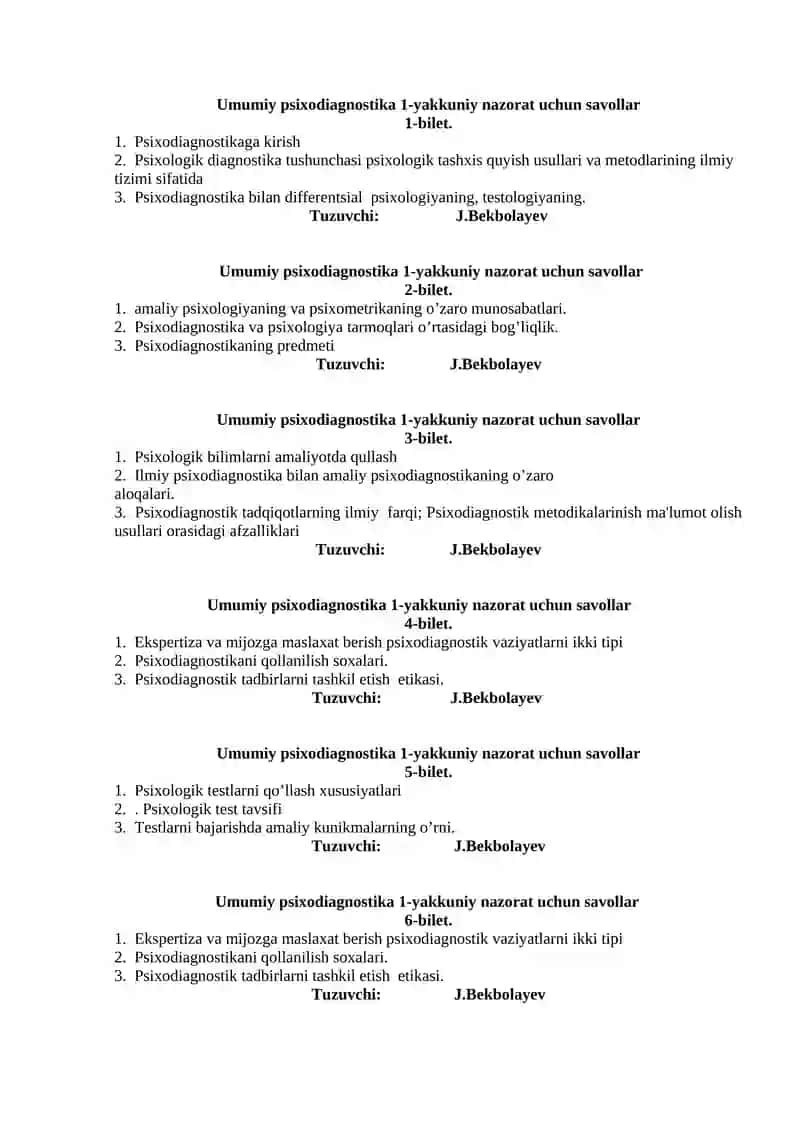 Umumiy psixodiagnostika 1-yakkuniy nazorat uchun savollar 1