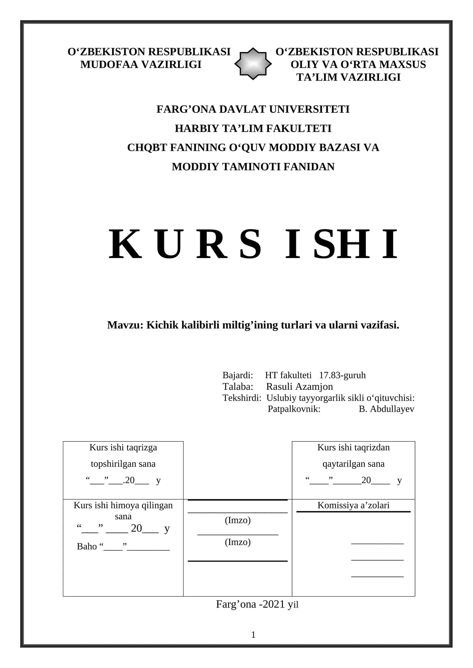 Kichik kalibirli miltig’ining turlari va ularni vazifasi 1