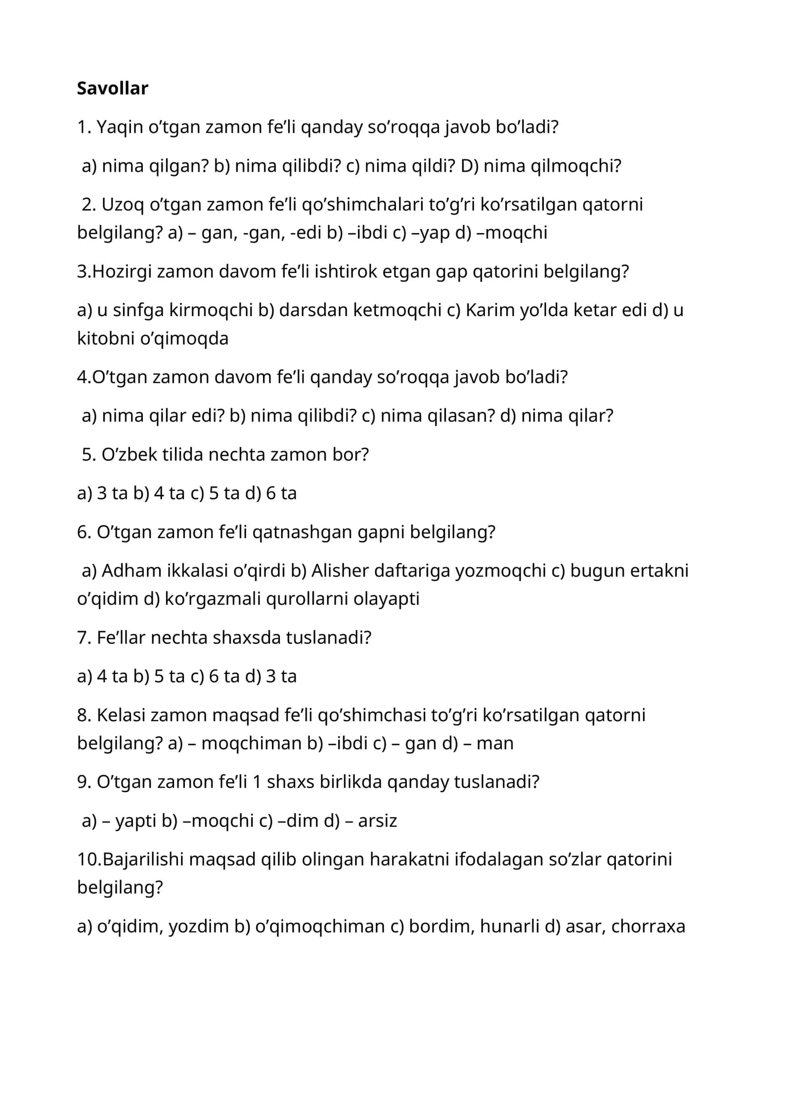 Ona tili fanidan Savollar 1