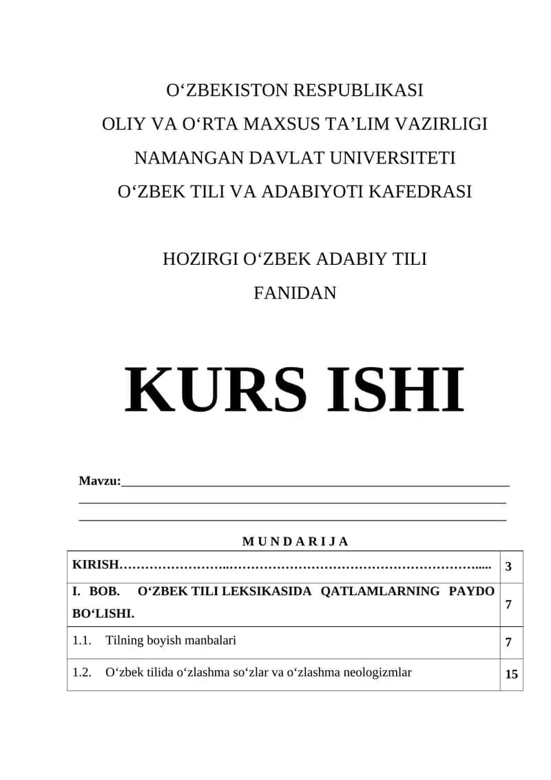 O‘zbek Tili Fanidan Kurs Ishi 1