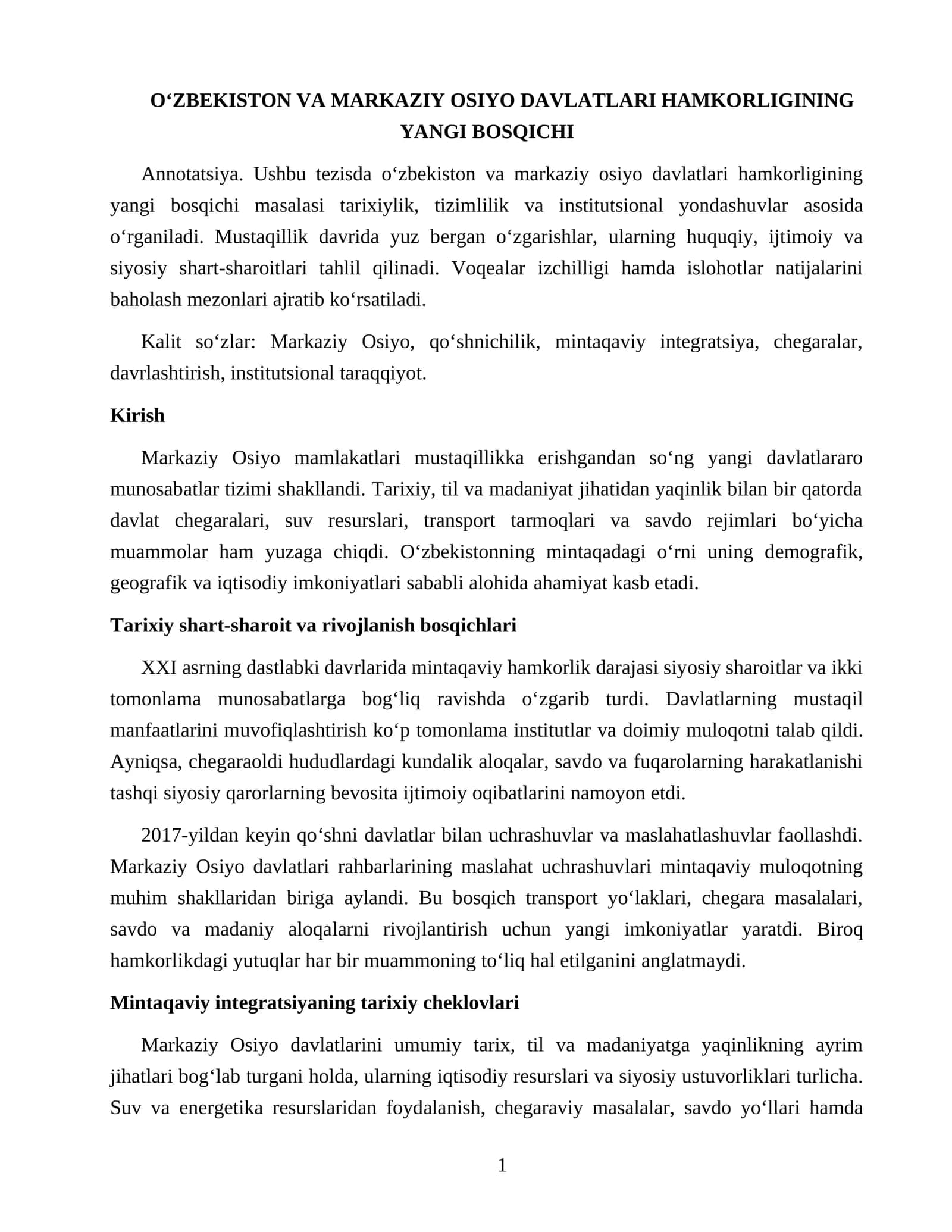 O‘ZBEKISTON VA MARKAZIY OSIYO DAVLATLARI HAMKORLIGINING YANGI BOSQICHI 1