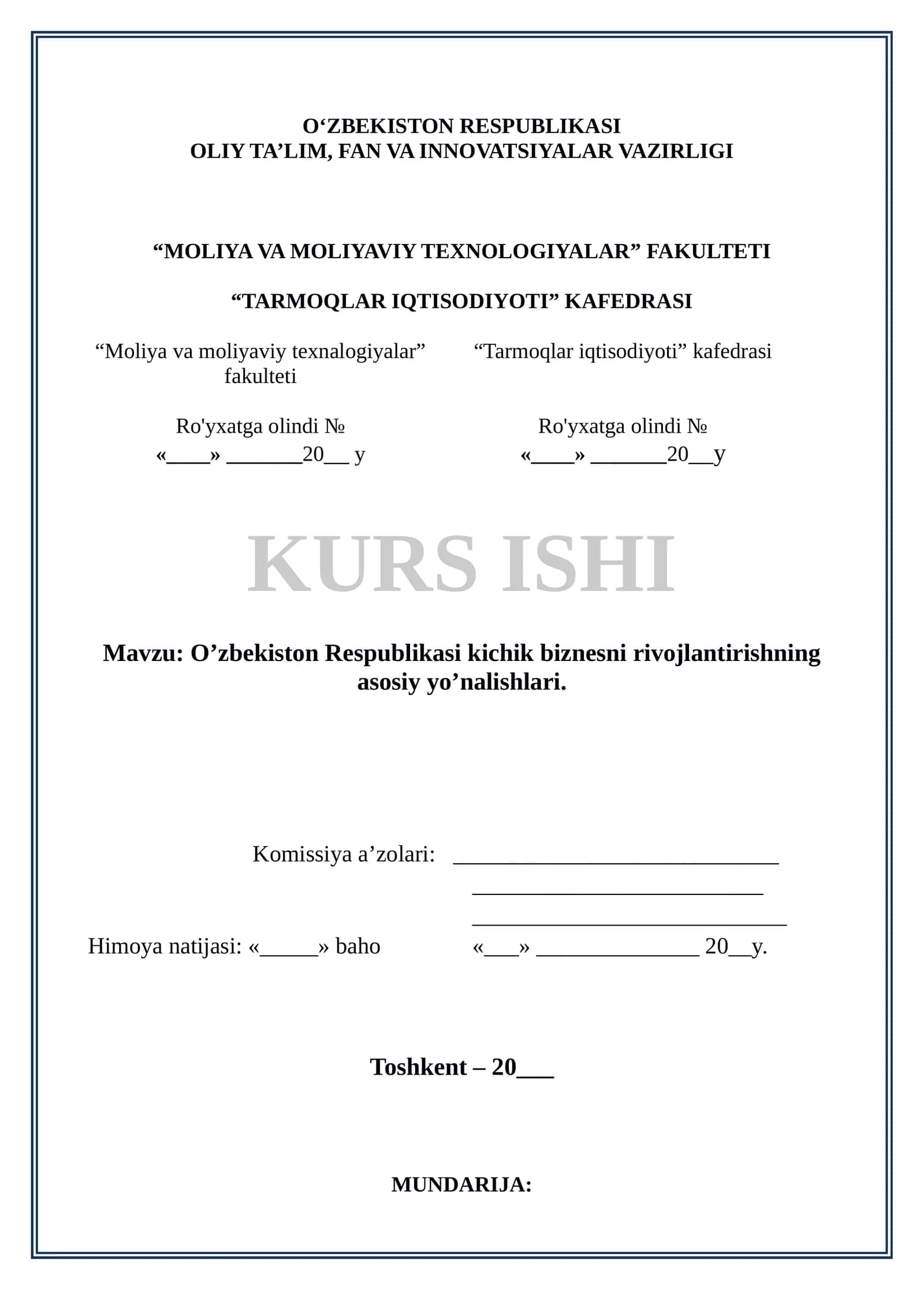 O’zbekiston Respublikasi kichik biznesni rivojlantirishning asosiy yo’nalishlari 1