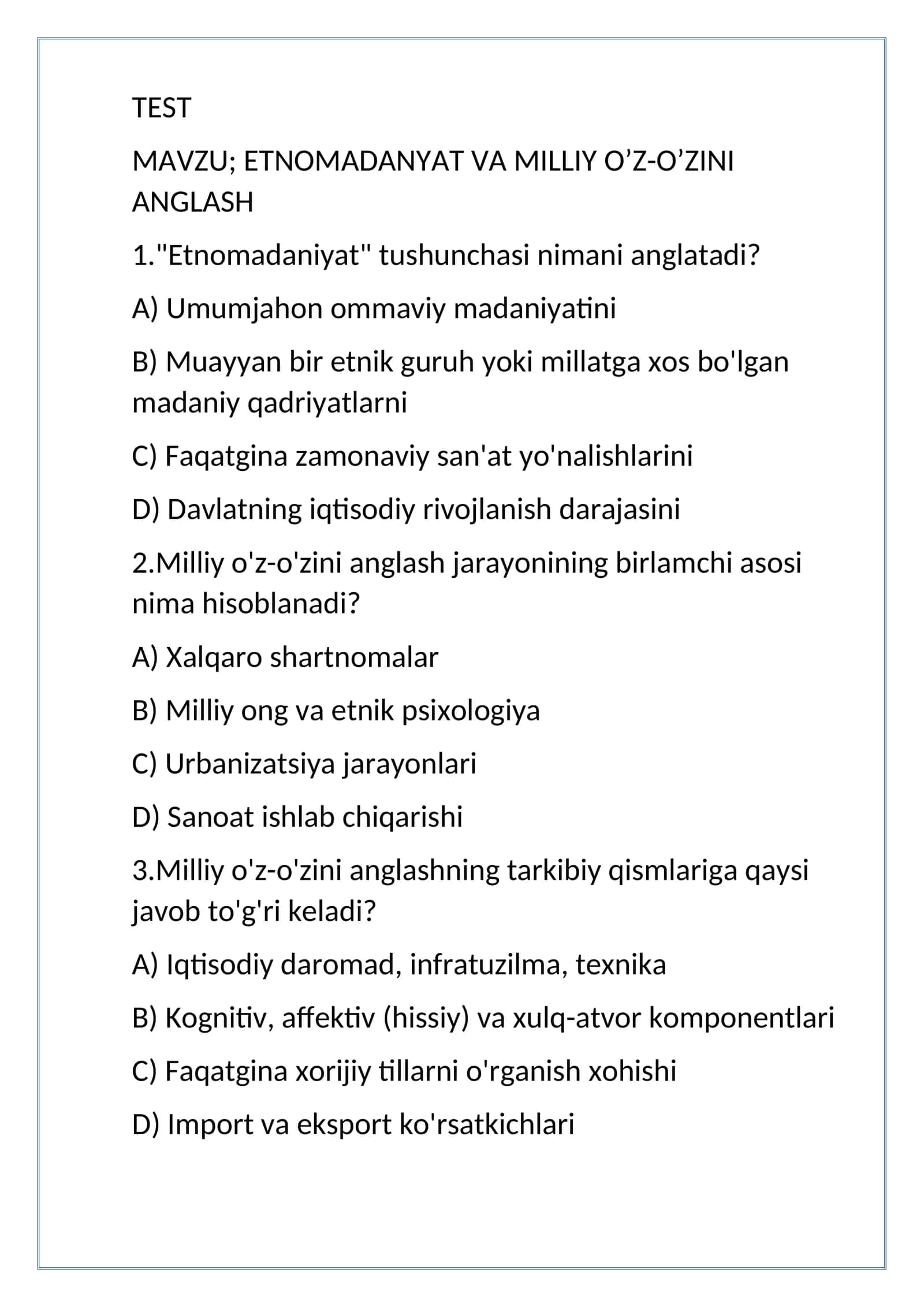 etnomadanyat mavzu yuzisidan test 1