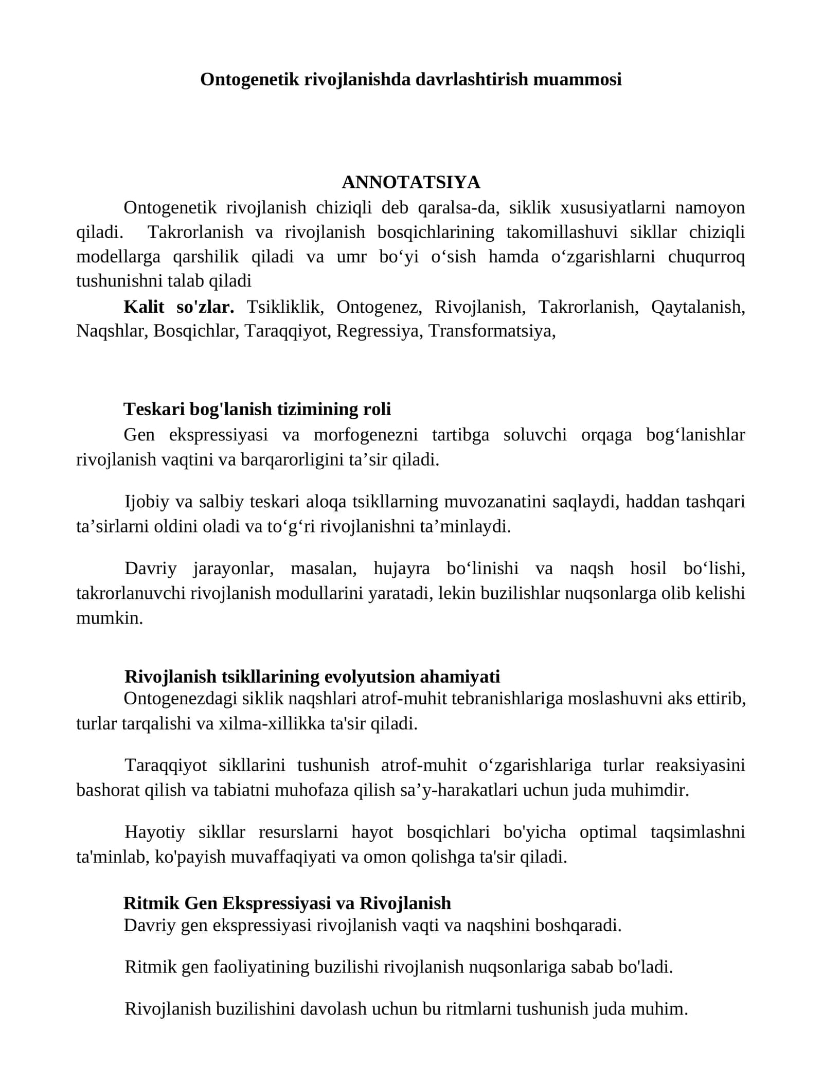 Ontogenetik rivojlanishda davrlashtirish muammosi 1