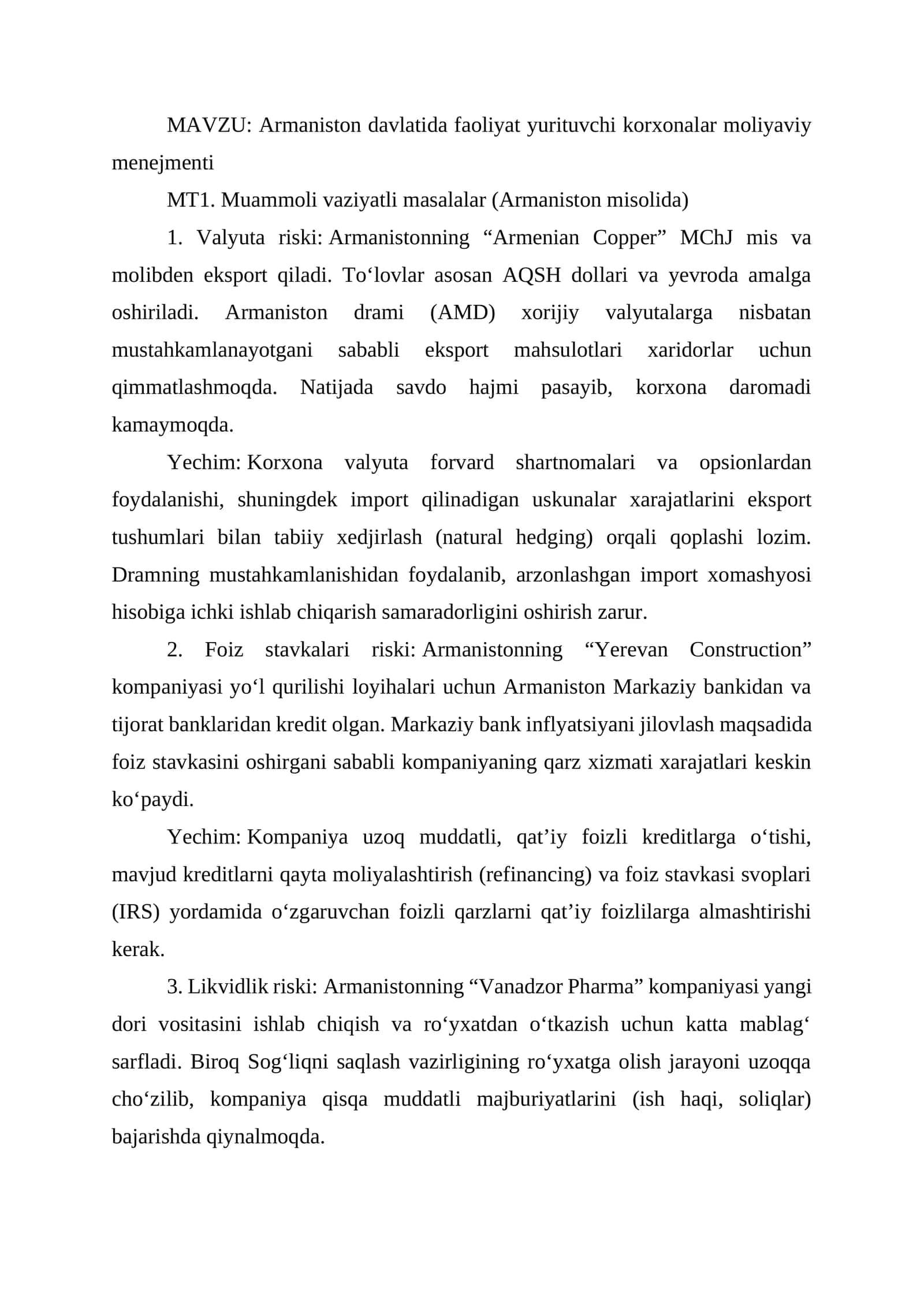 Armaniston davlatida faoliyat yurituvchi korxonalar moliyaviy menejmenti 1