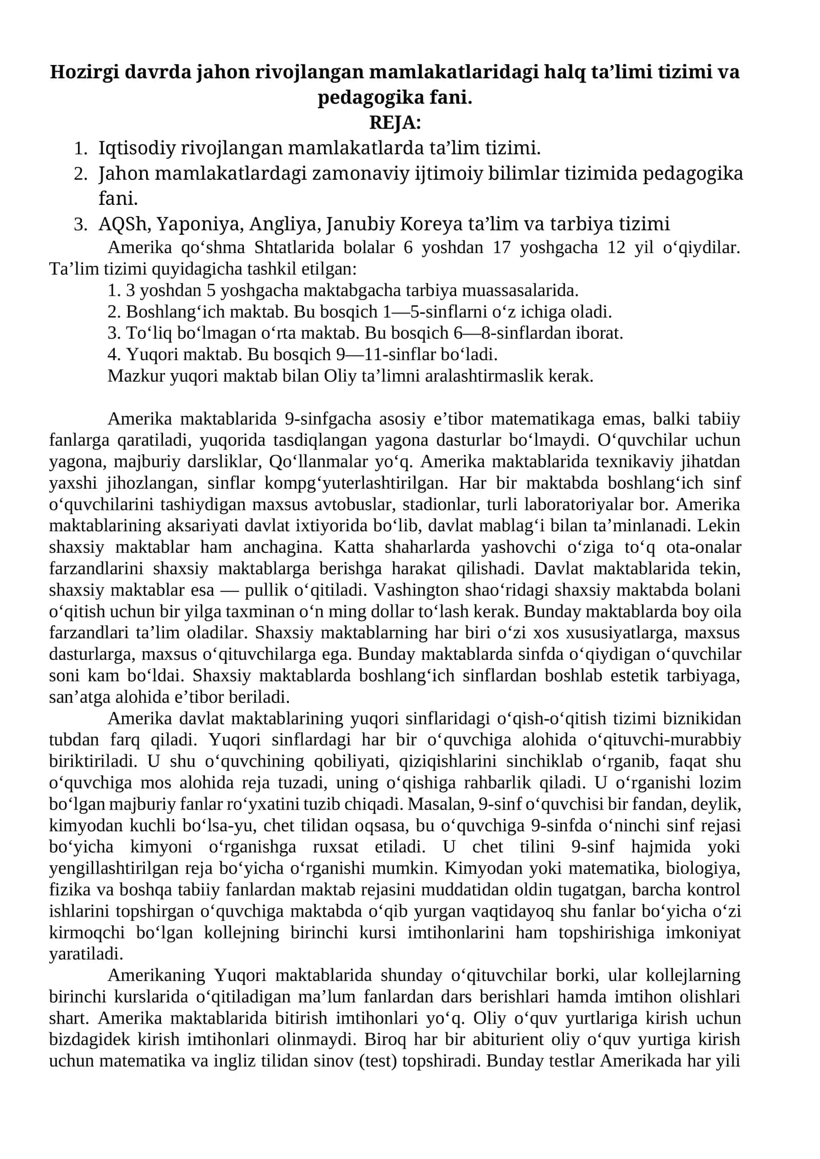 Hozirgi davrda jahon rivojlangan mamlakatlaridagi xalq ta’limi tizimi va pedagogika fani 1