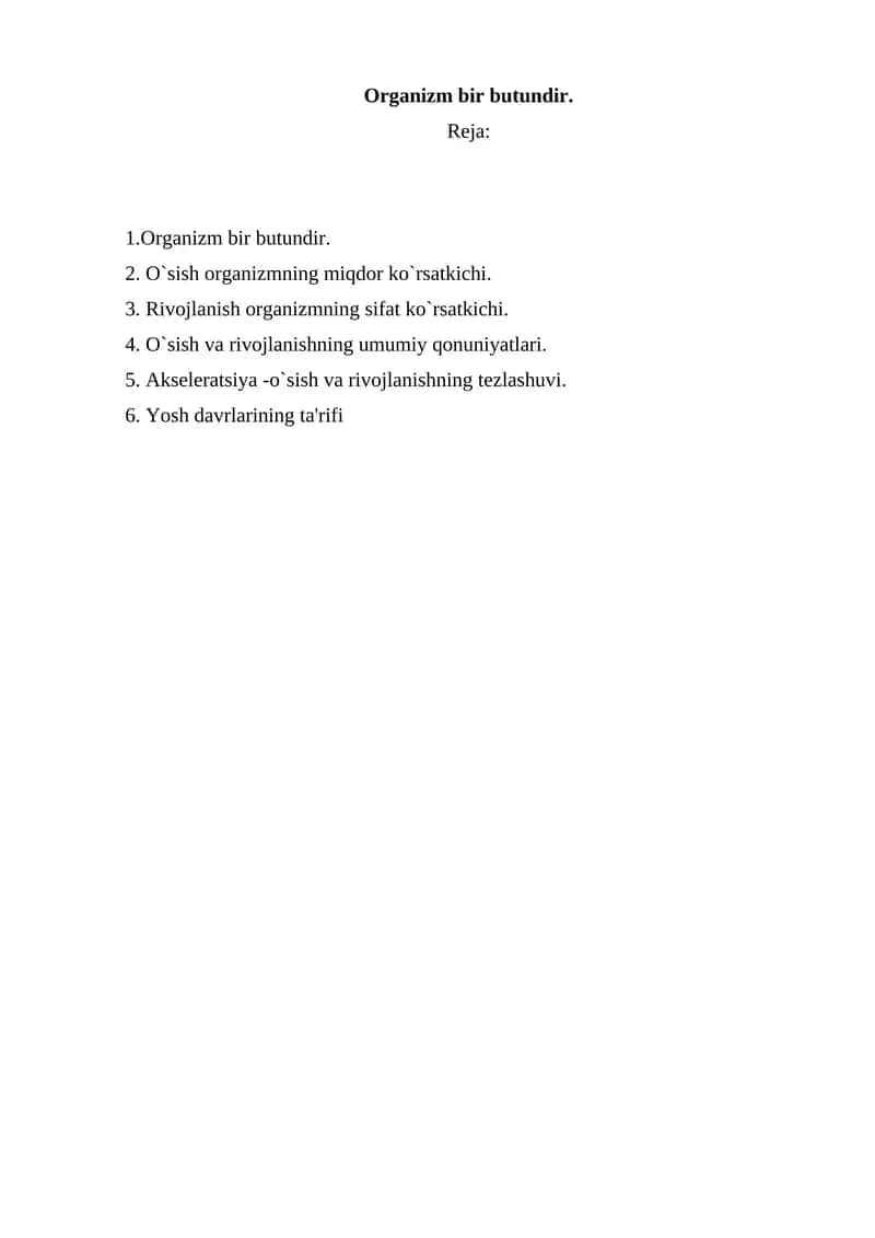Organizm o`sish va rivojlanish 1