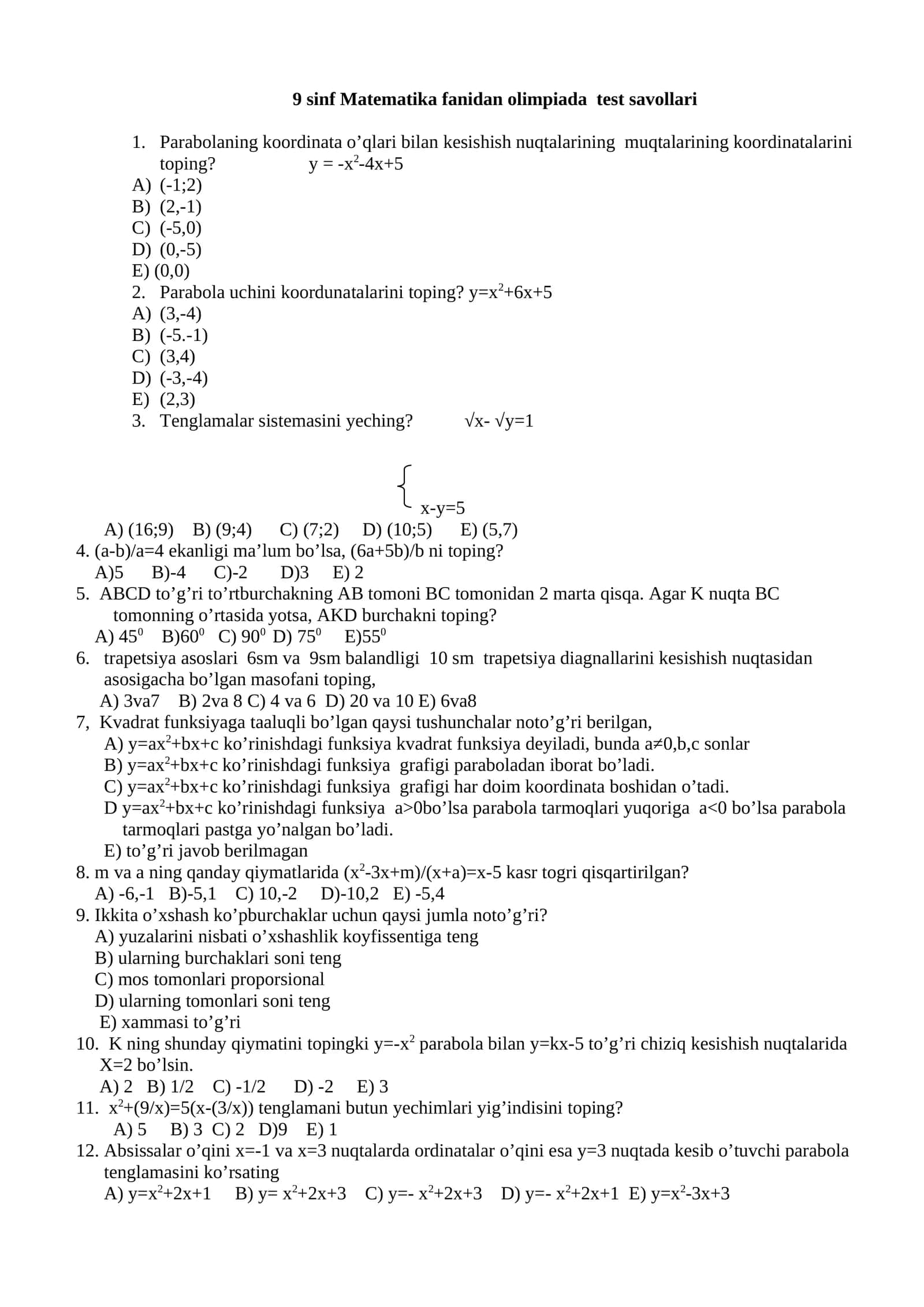9 sinf Matematika fanidan olimpiada test savollari 1
