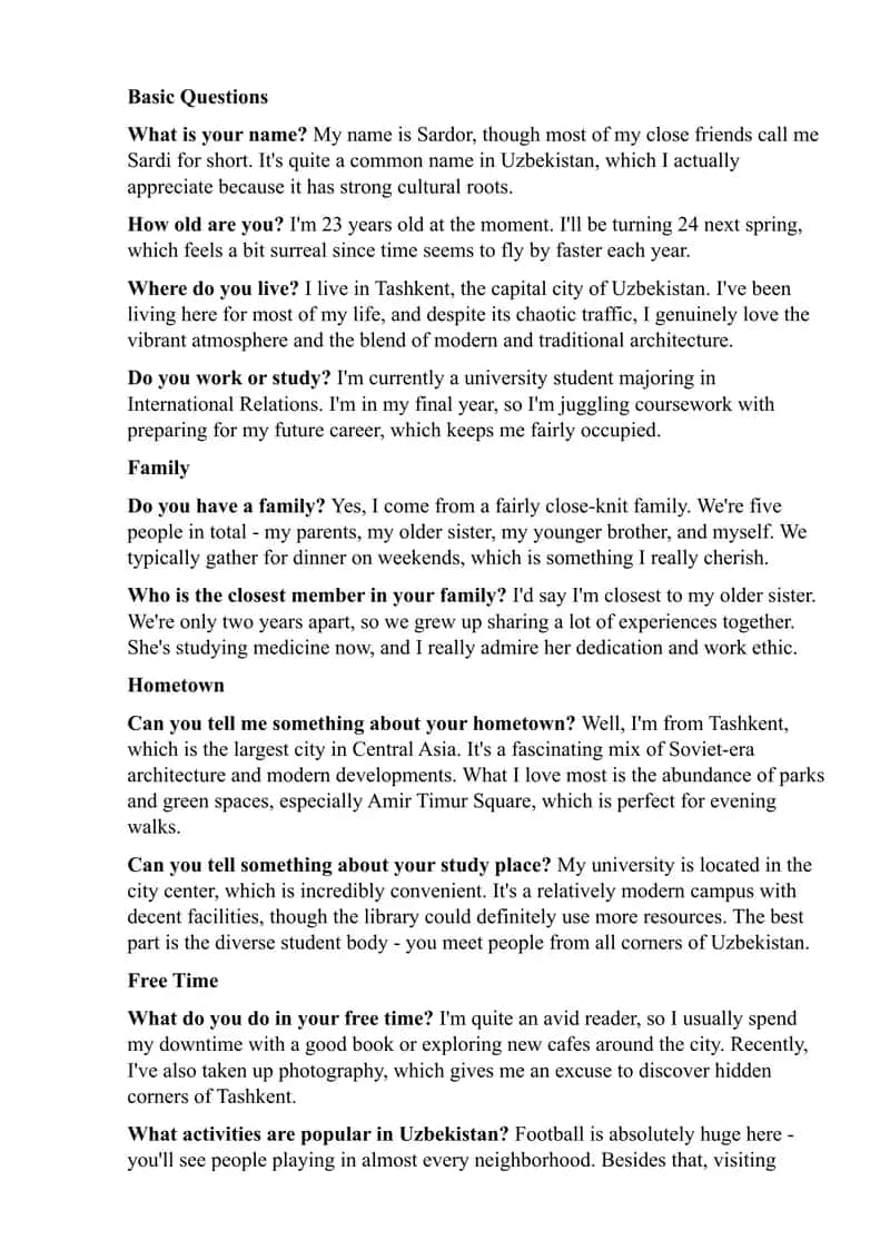 English speaking part 1 Questions and Answers 1