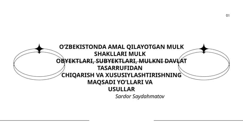 O‘ZBEKISTONDA AMAL QILAYOTGAN MULK SHAKLLARI MULKOBYEKTLARI, SUBYEKTLARI, MULKNI DAVLAT TASARRUFIDANCHIQARISH VA XUSUSIYLASHTIRISHNING MAQSADI YO‘LLARI VAUSULLAR 1