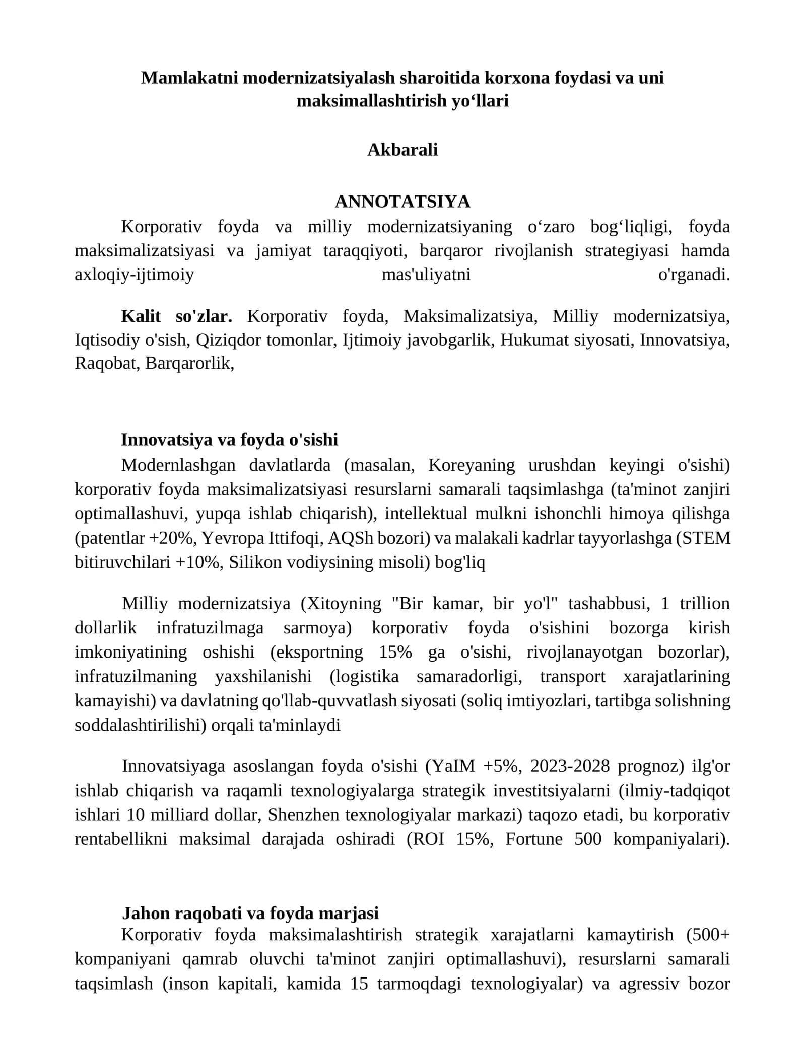 Mamlakatni modernizatsiyalash sharoitida korxona foydasi va uni maksimallashtirish yoʻllari 1
