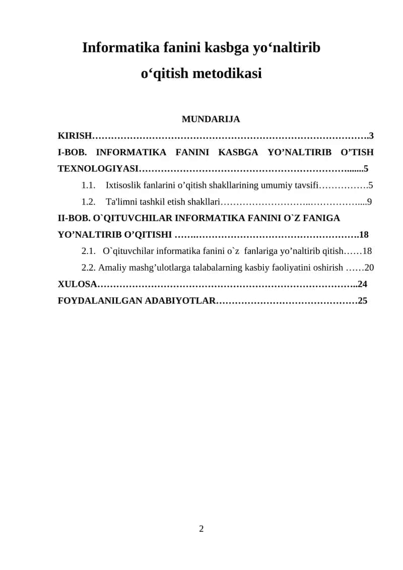 Informatika fanini kasbga yo'naltirib o'qitish metodikasi 1