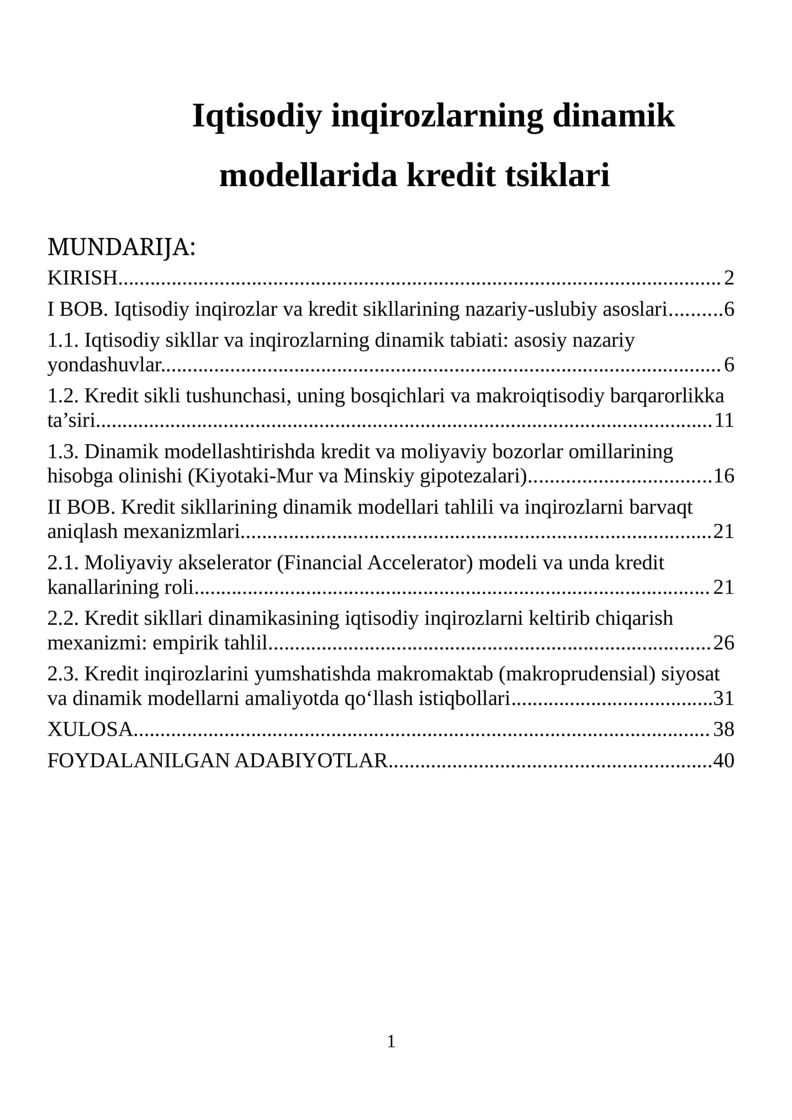 Iqtisodiy inqirozlarning dinamik modellarida kredit tsiklari 1