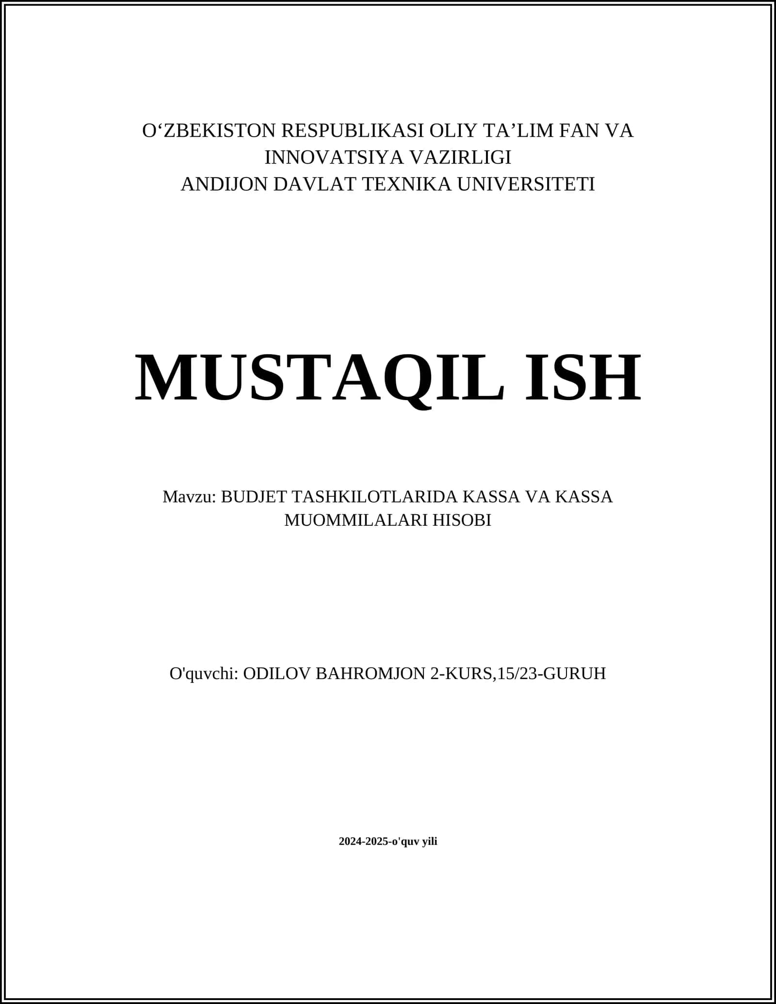BUDJET TASHKILOTLARIDA KASSA VA KASSA MUOMMILALARI HISOBI 1