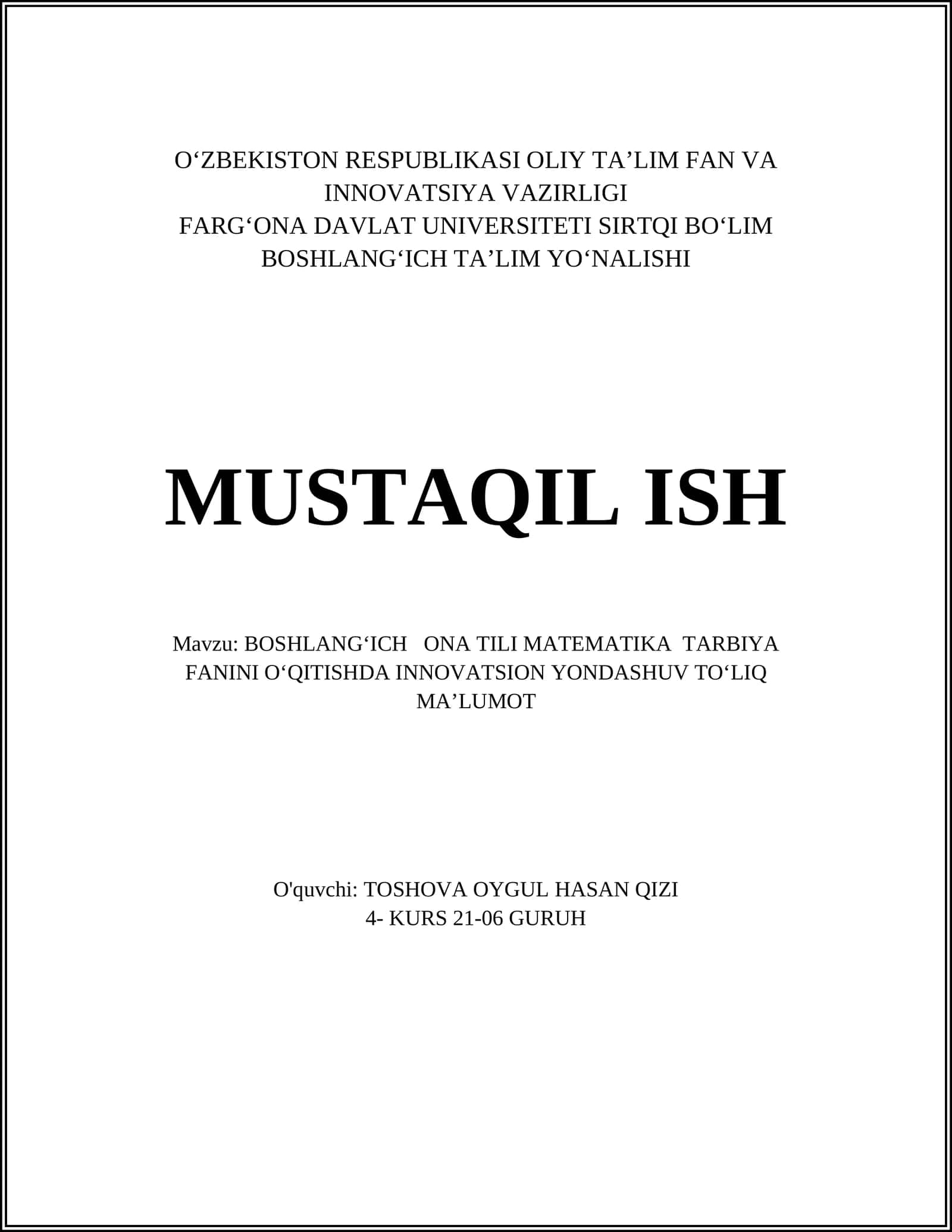 BOSHLANGʻICH ONA TILI MATEMATIKA TARBIYA FANINI OʻQITISHDA INNOVATSION YONDASHUV TOʻLIQ MAʼLUMOT 1
