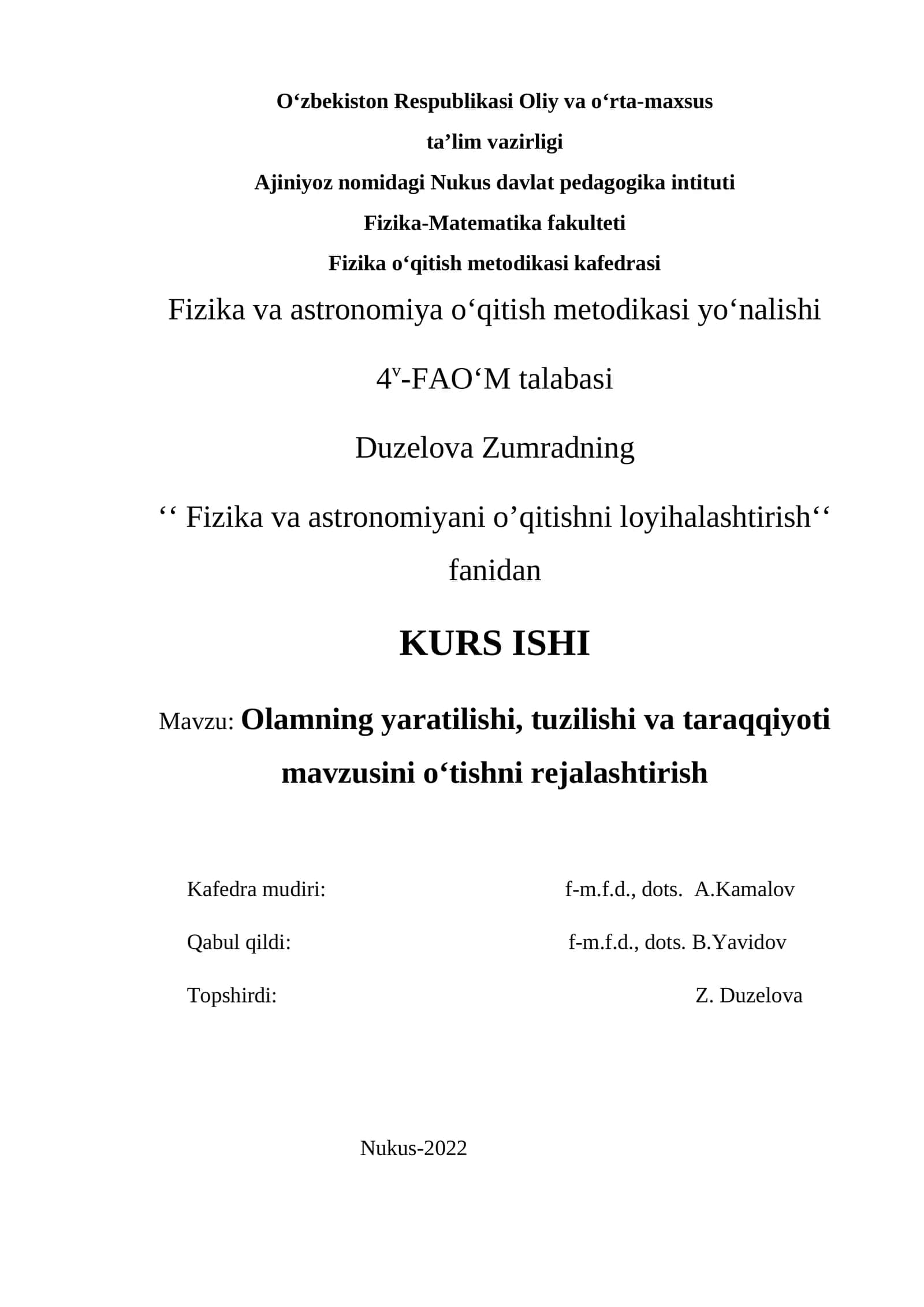 Olamning yaratilishi, tuzilishi va taraqqiyoti mavzusini o‘tishni rejalashtirish 1