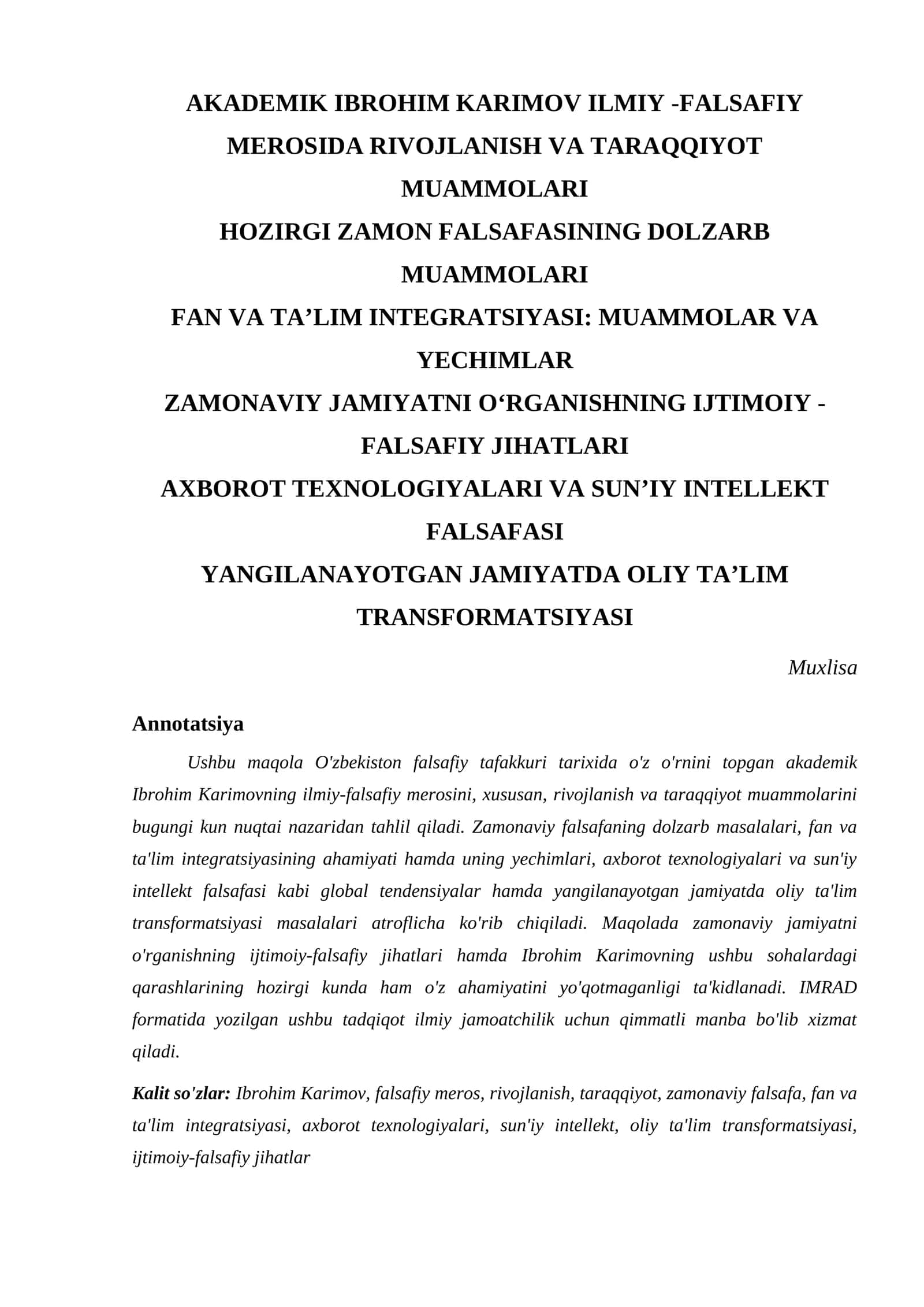 AKADEMIK IBROHIM KARIMOV ILMIY -FALSAFIY MEROSIDA RIVOJLANISH VA TARAQQIYOT MUAMMOLARI 1