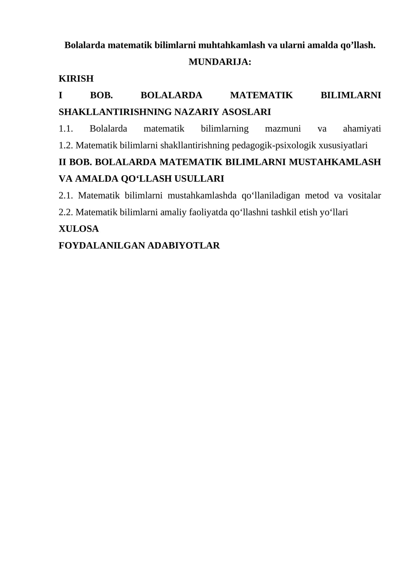 Bolalarda matematik bilimlarni muhtahkamlash va ularni amalda qo’llash 1