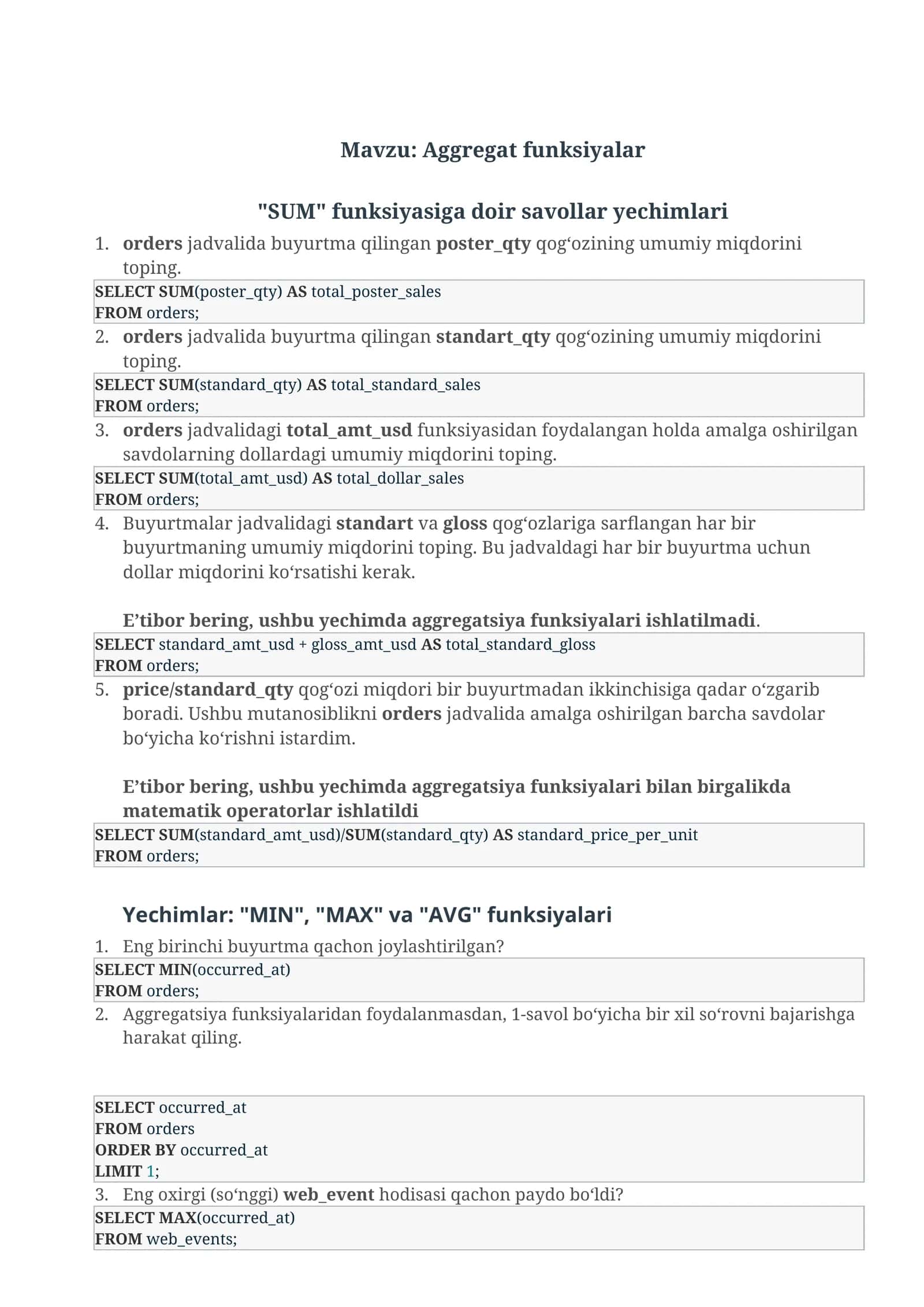 Aggregat funksiyalar 1