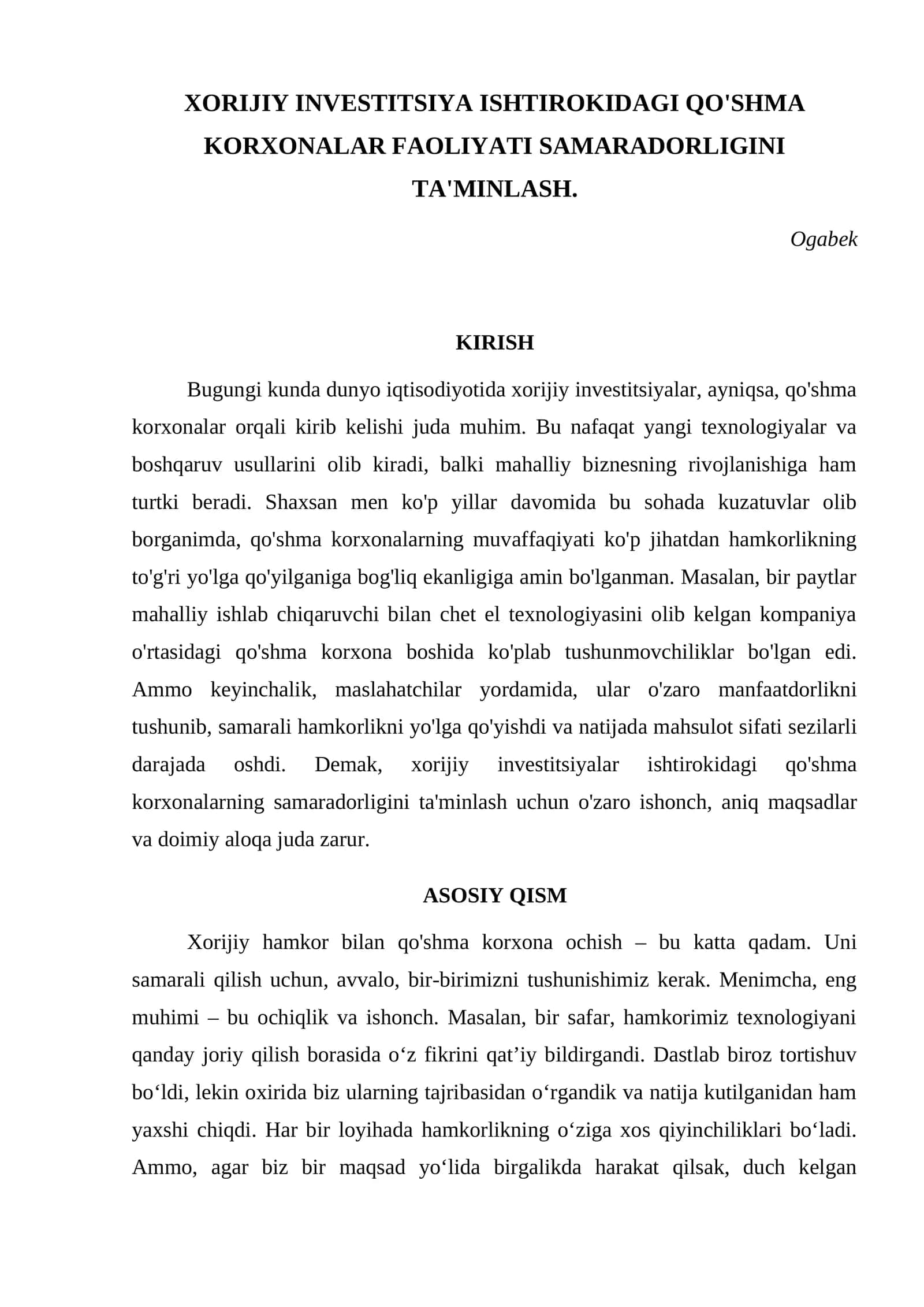 XORIJIY INVESTITSIYA ISHTIROKIDAGI QO'SHMA KORXONALAR FAOLIYATINI SAMARADORLIGINI TA'MINLASH 1