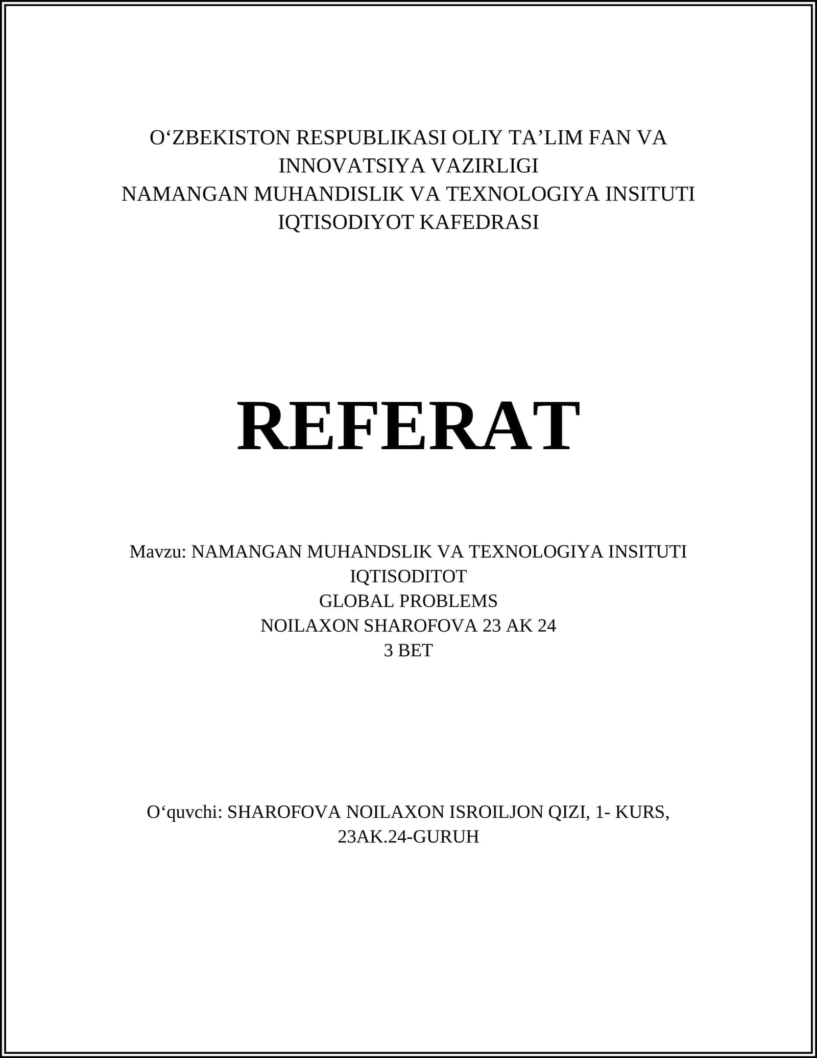 NAMANGAN MUHANDSLIK VA TEXNOLOGIYA INSITUTI IQTISODITOT 1