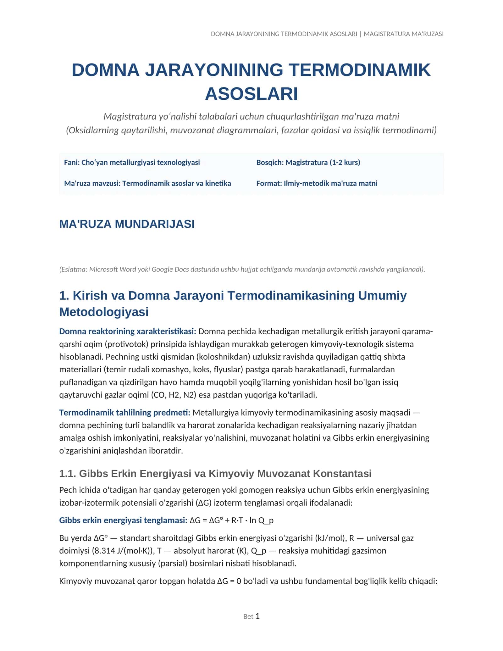 DOMNA JARAYONINING TERMODINAMIK ASOSLARI 1