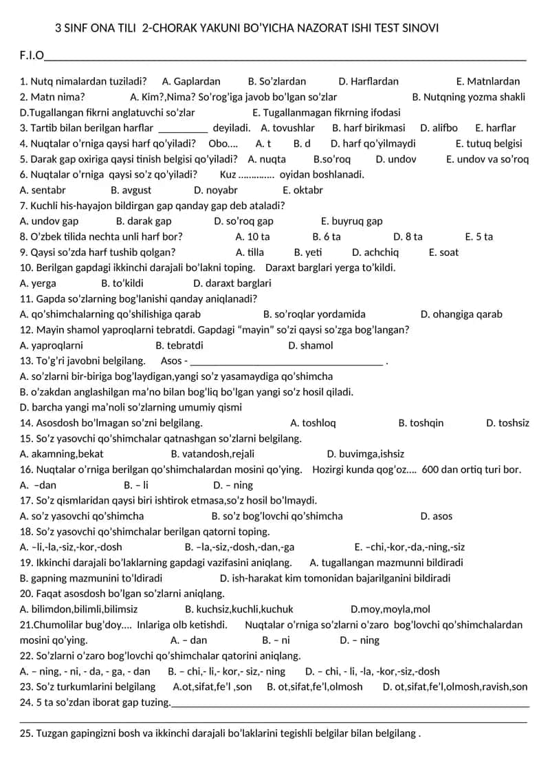 3 SINF ONA TILI 2-CHORAK YAKUNI BO’YICHA NAZORAT ISHI TEST SINOVI 1