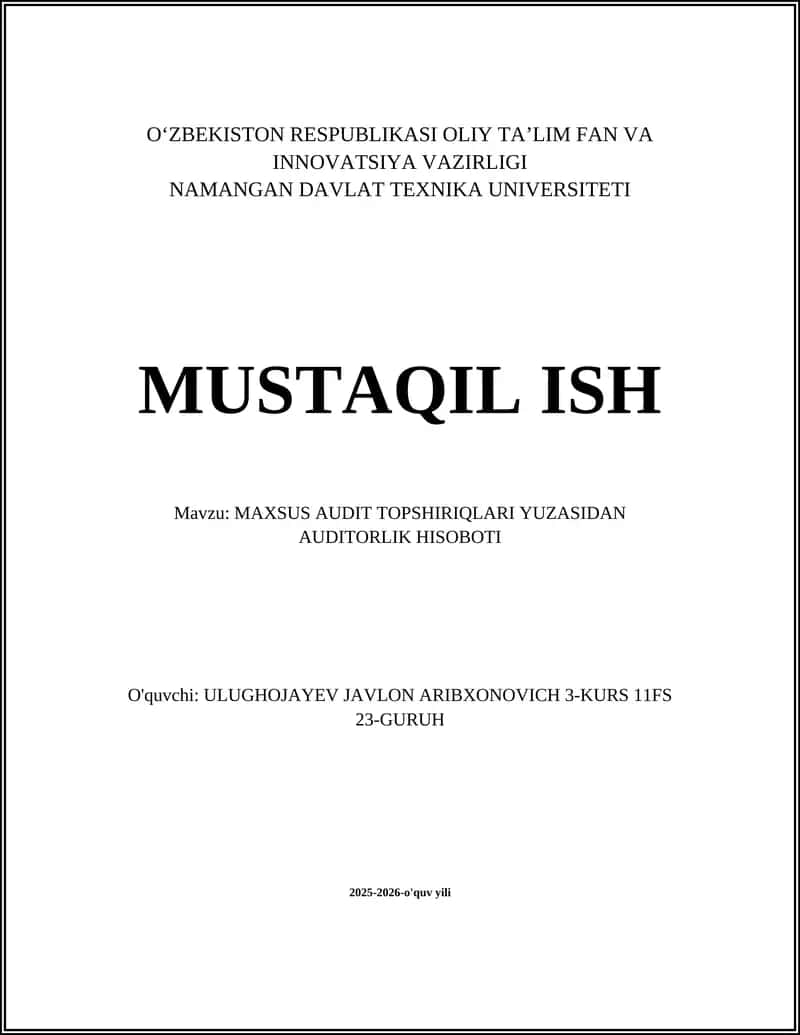 MAXSUS AUDIT TOPSHIRIQLARI YUZASIDAN AUDITORLIK HISOBOTI 1