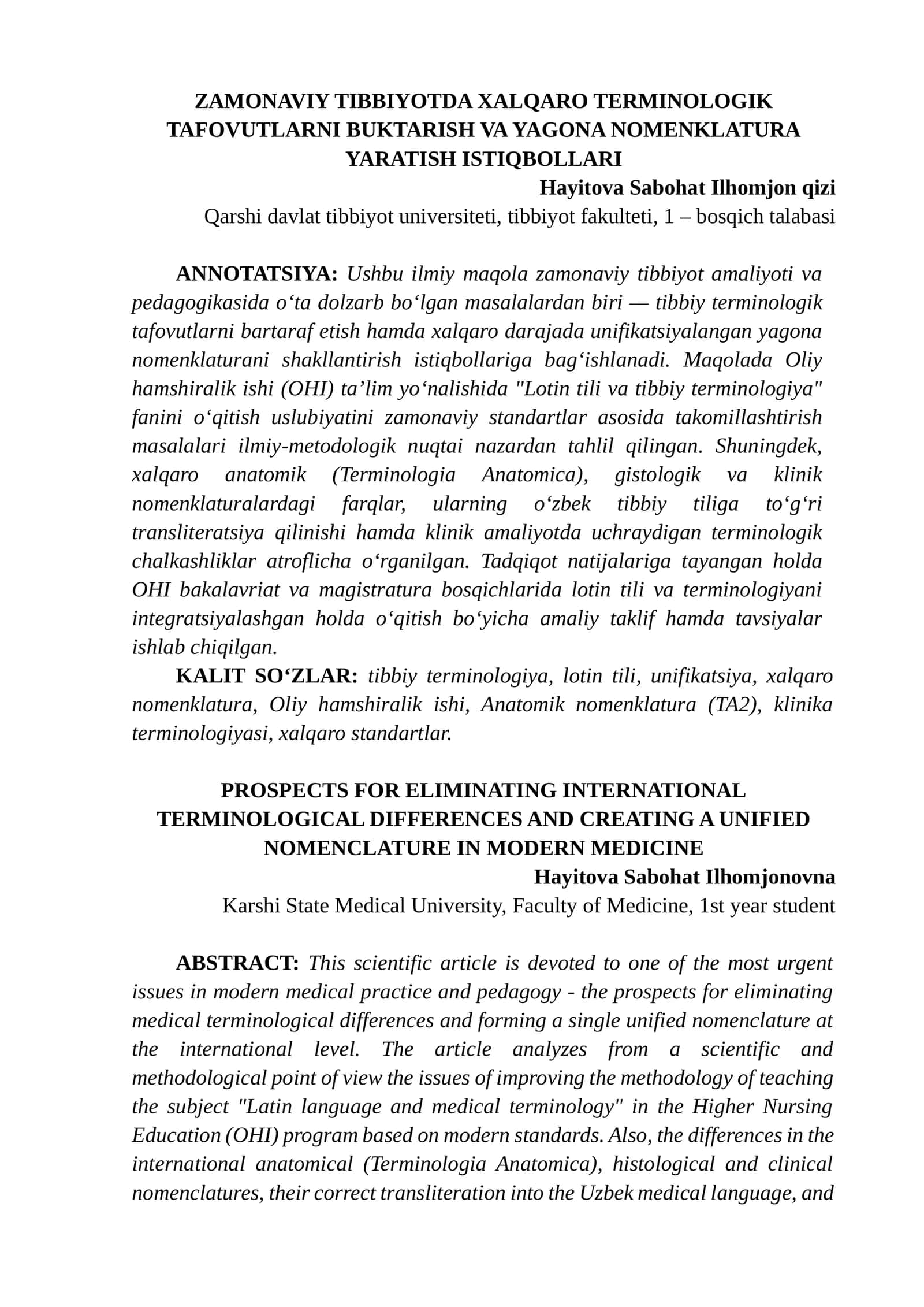 ZAMONAVIY TIBBIYOTDA XALQARO TERMINOLOGIK TAFOVUTLARNI BUKTARISH VA YAGONA NOMENKLATURA YARATISH ISTIQBOLLARI 1