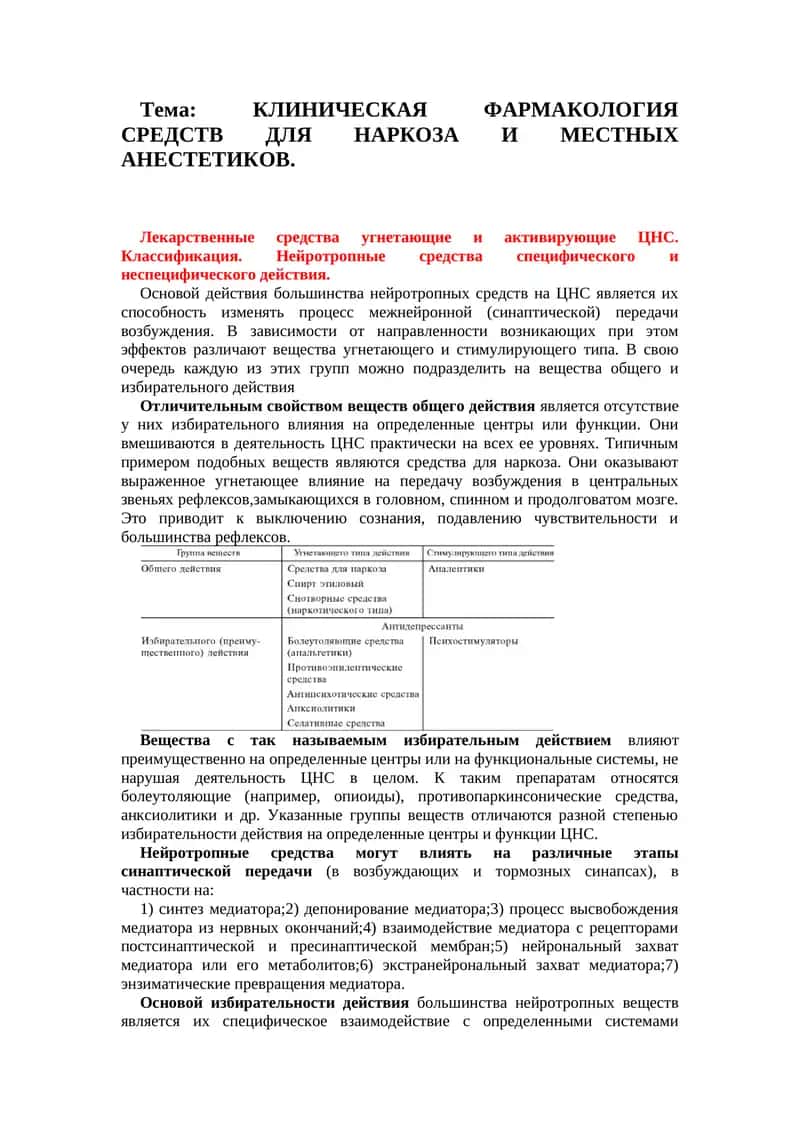 КЛИНИЧЕСКАЯ ФАРМАКОЛОГИЯ СРЕДСТВ ДЛЯ НАРКОЗА И МЕСТНЫХ АНЕСТЕТИКОВ 1