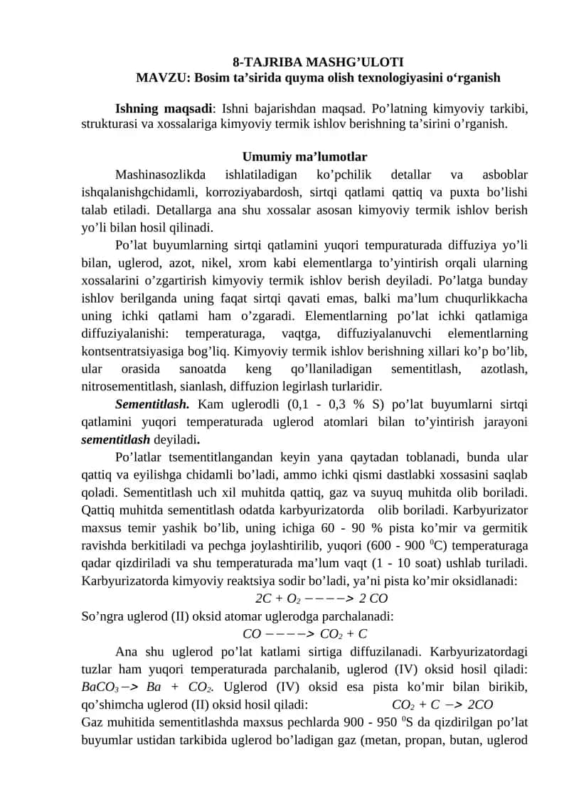 Bosim ta’sirida quyma olish texnologiyasini o‘rganish 1