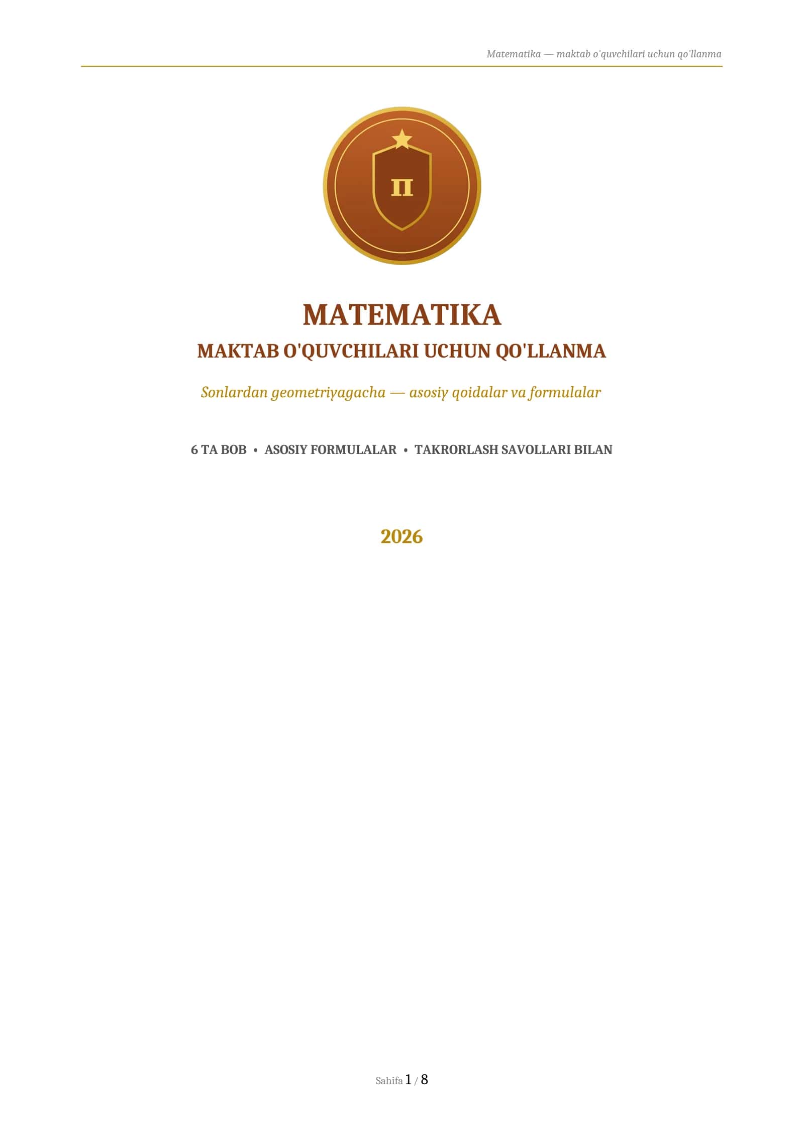 MATEMATIKA
MAKTAB O'QUVCHILARI UCHUN QO'LLANMA 1