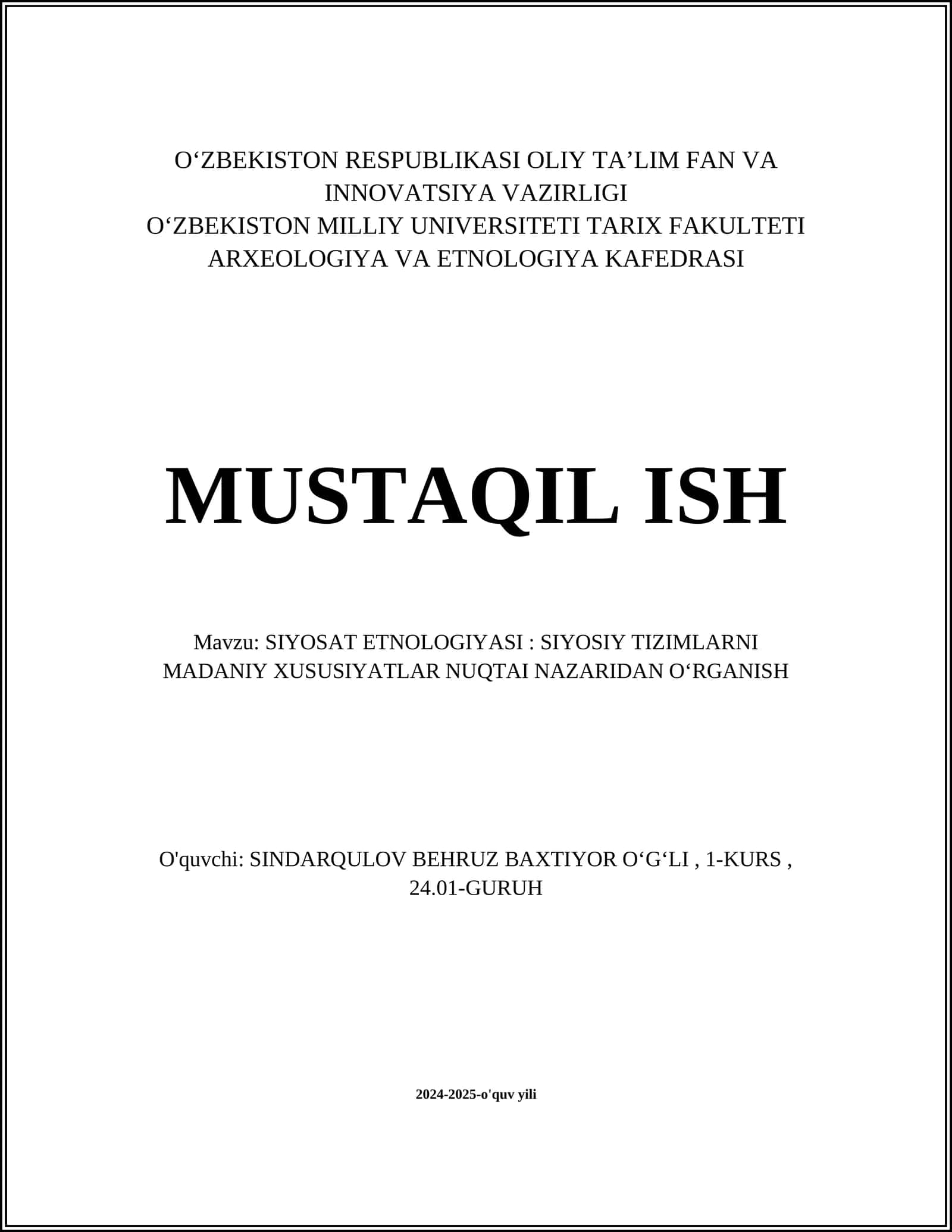 SIYOSAT ETNOLOGIYASI: SIYOSIY TIZIMLARNI MADANIY XUSUSIYATLAR NUQTAI NAZARIDAN OʻRGANISH 1