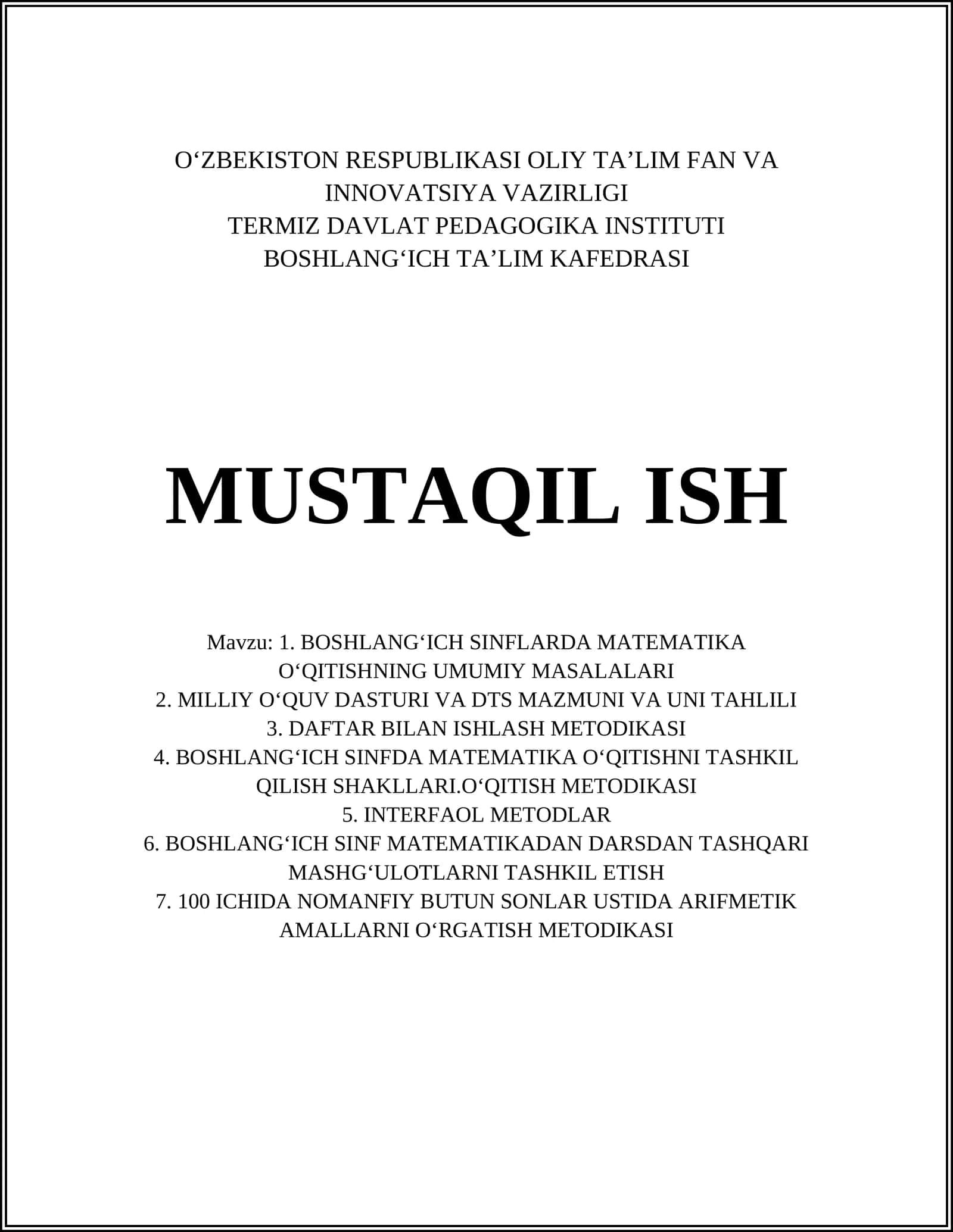 MATEMATIKA O‘QITISHNING UMUMIY MASALALARI 1