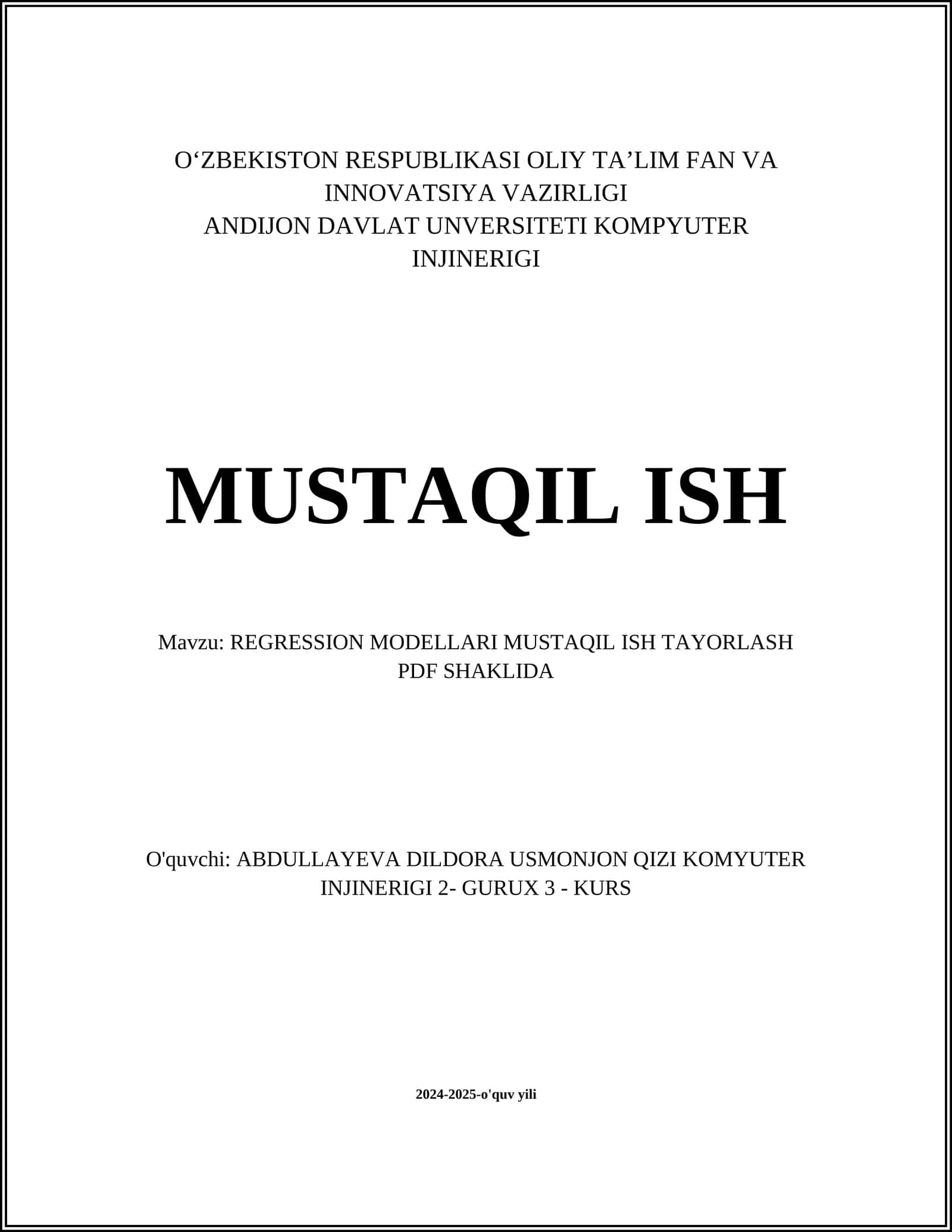 REGRESSION MODELLARI MUSTAQIL ISH TAYORLASH PDF SHAKLIDA 1