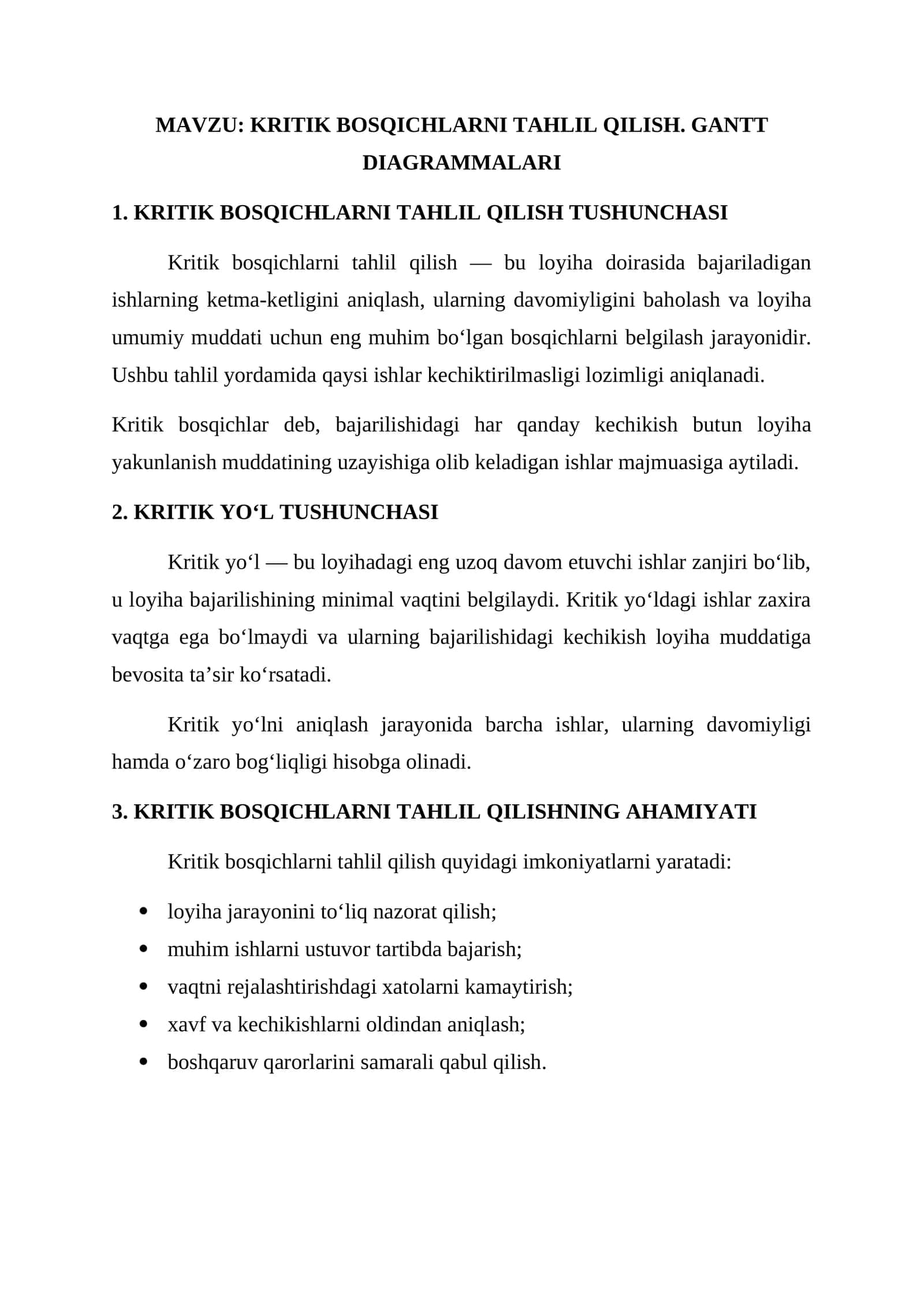KRITIK BOSQICHLARNI TAHLIL QILISH. GANTT DIAGRAMMALARI 1