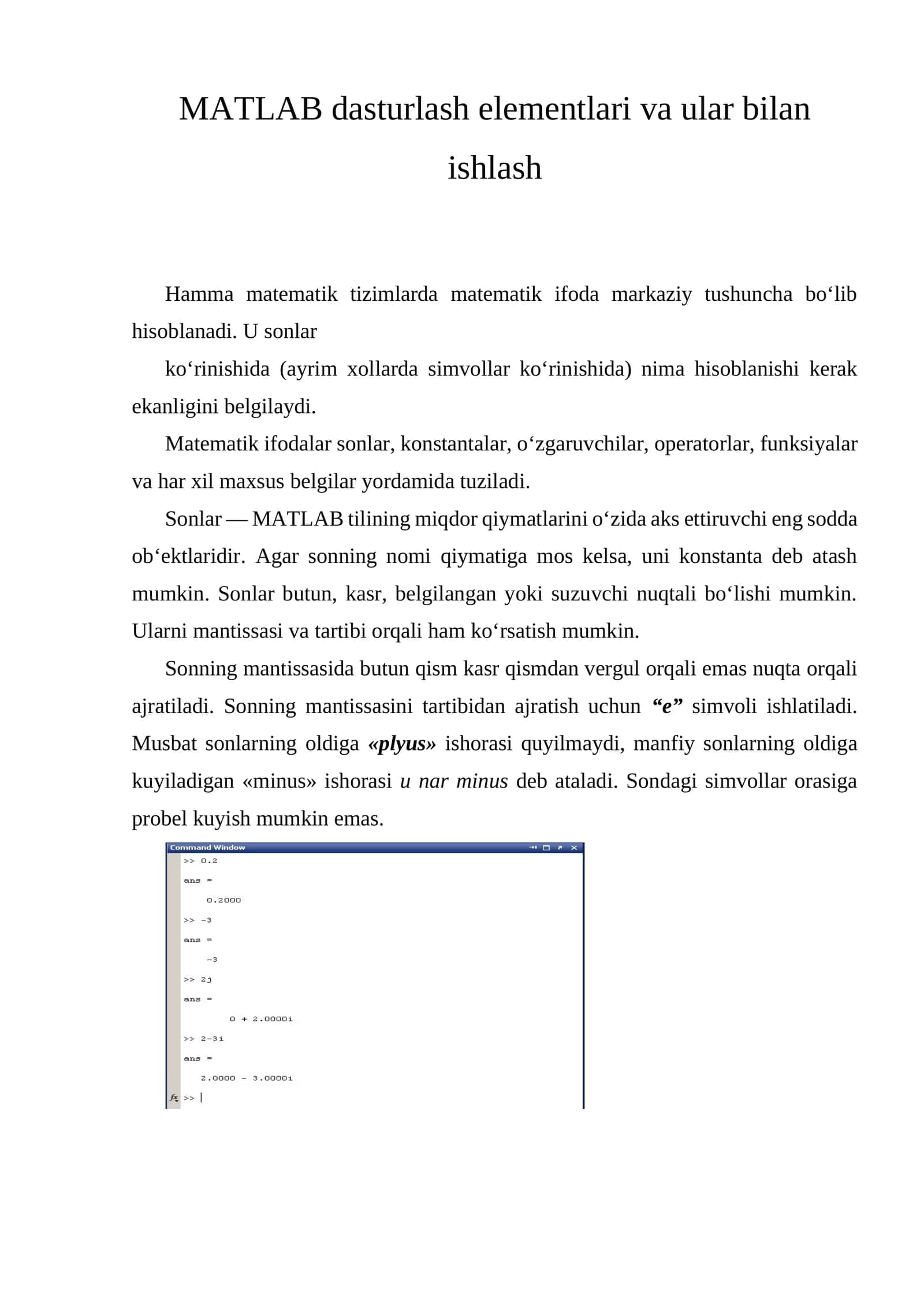 MATLAB dasturlash elementlari va ular bilan ishlash 1