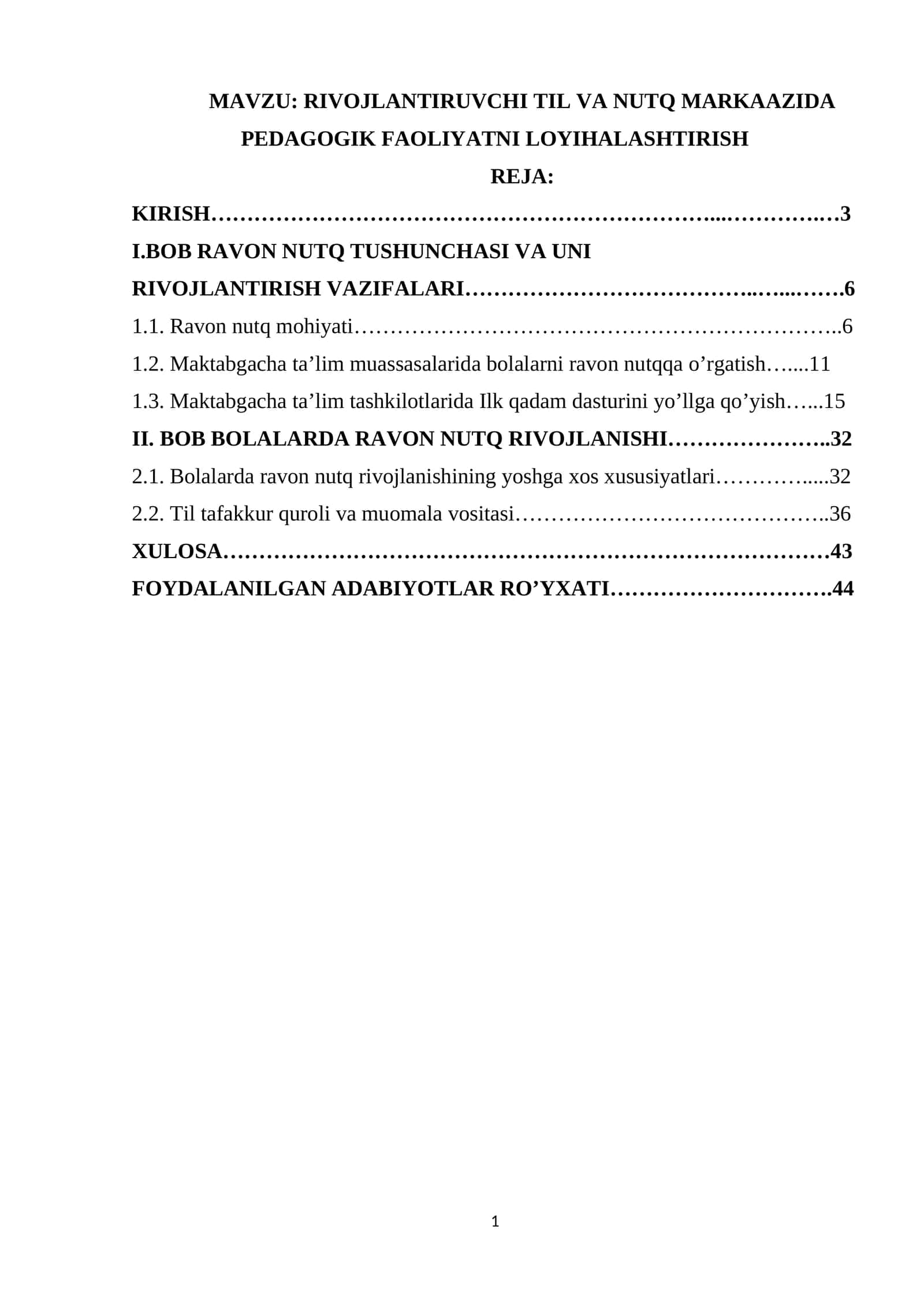RIVOJLANTIRUVCHI TIL VA NUTQ MARKAAZIDA PEDAGOGIK FAOLIYATNI LOYIHALASHTIRISH 1