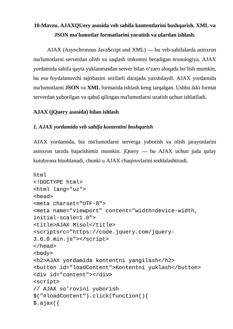 AJAXQUery asosida veb sahifa kontentlarini boshqarish 1