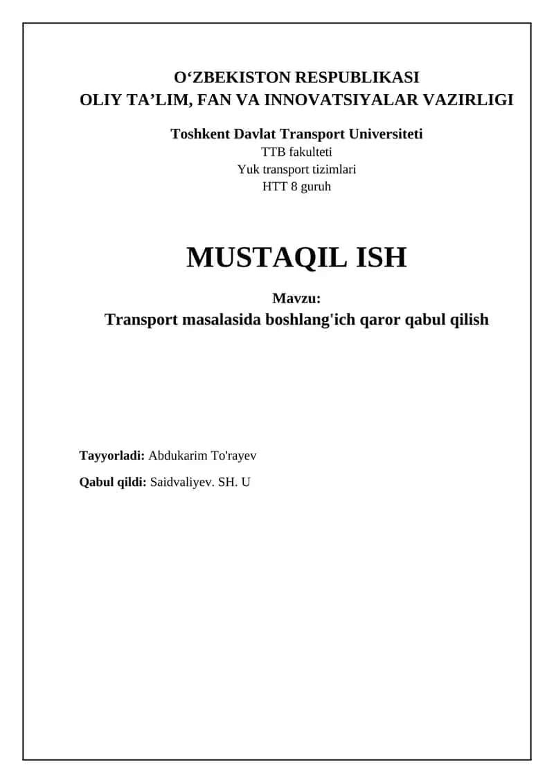 Transport masalasida boshlang'ich qaror qabul qilish 1