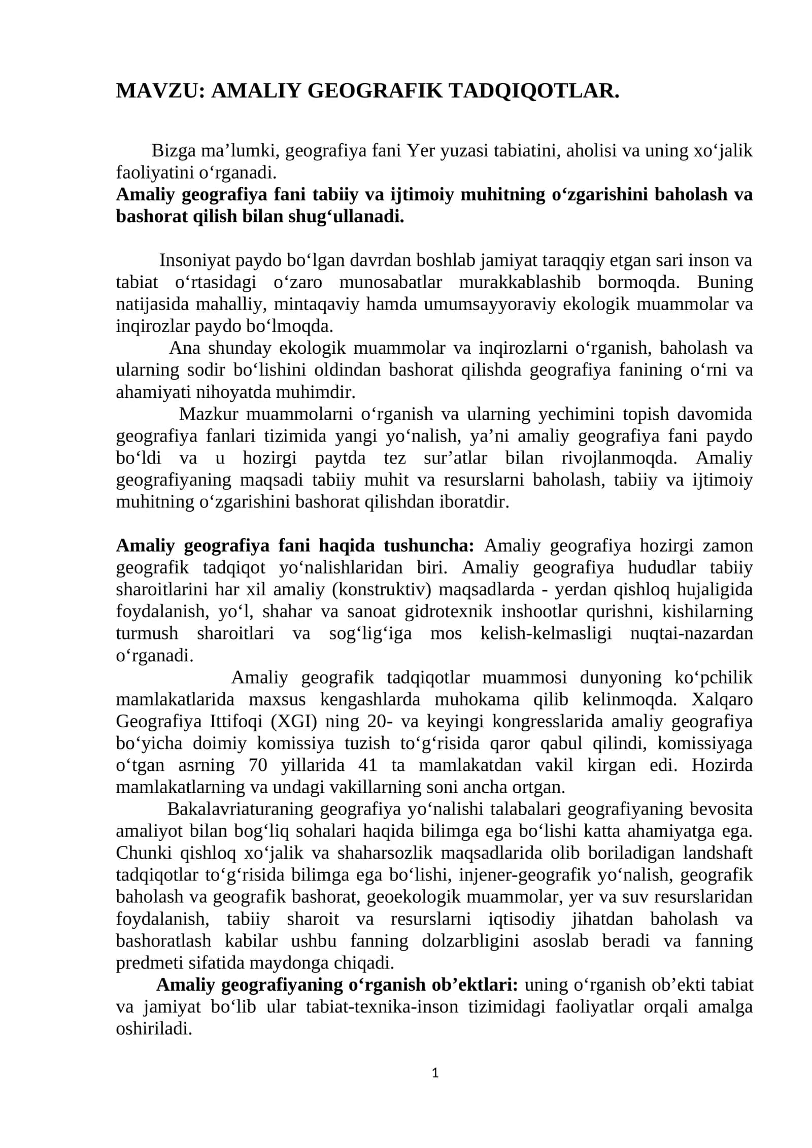 AMALIY GEOGRAFIK TADQIQOTLAR 1